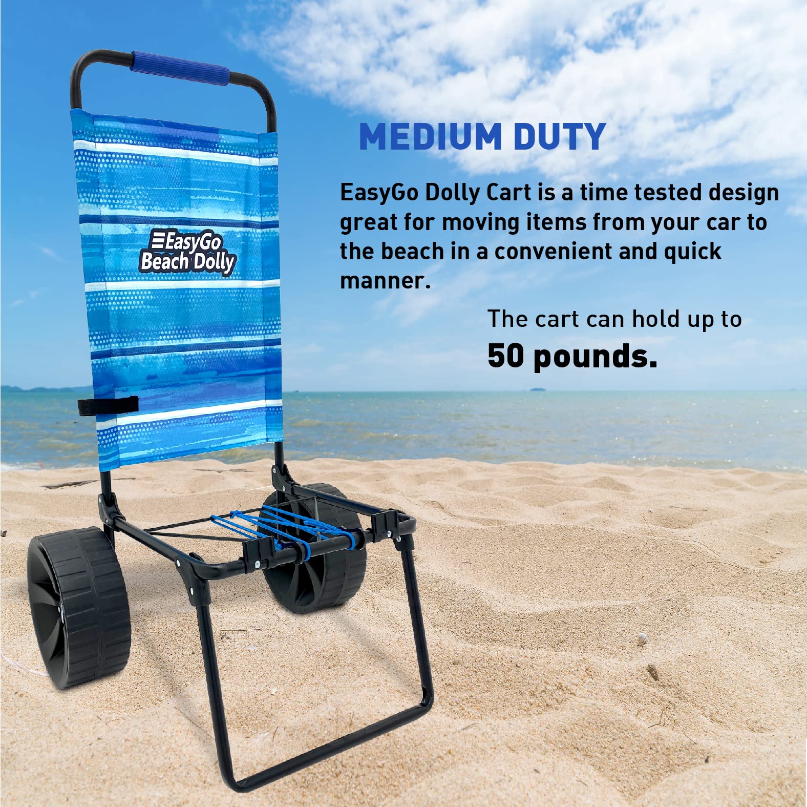 EasyGo Medium Duty Folding Beach Cart with Large Sand Wheels - Holds 4-6 Beach Chairs - Includes Elastic Tie Downs & Storage Pouch - Blue Striped Pattern - Perfect for Beach Trips, Picnics & Outdoor Adventures