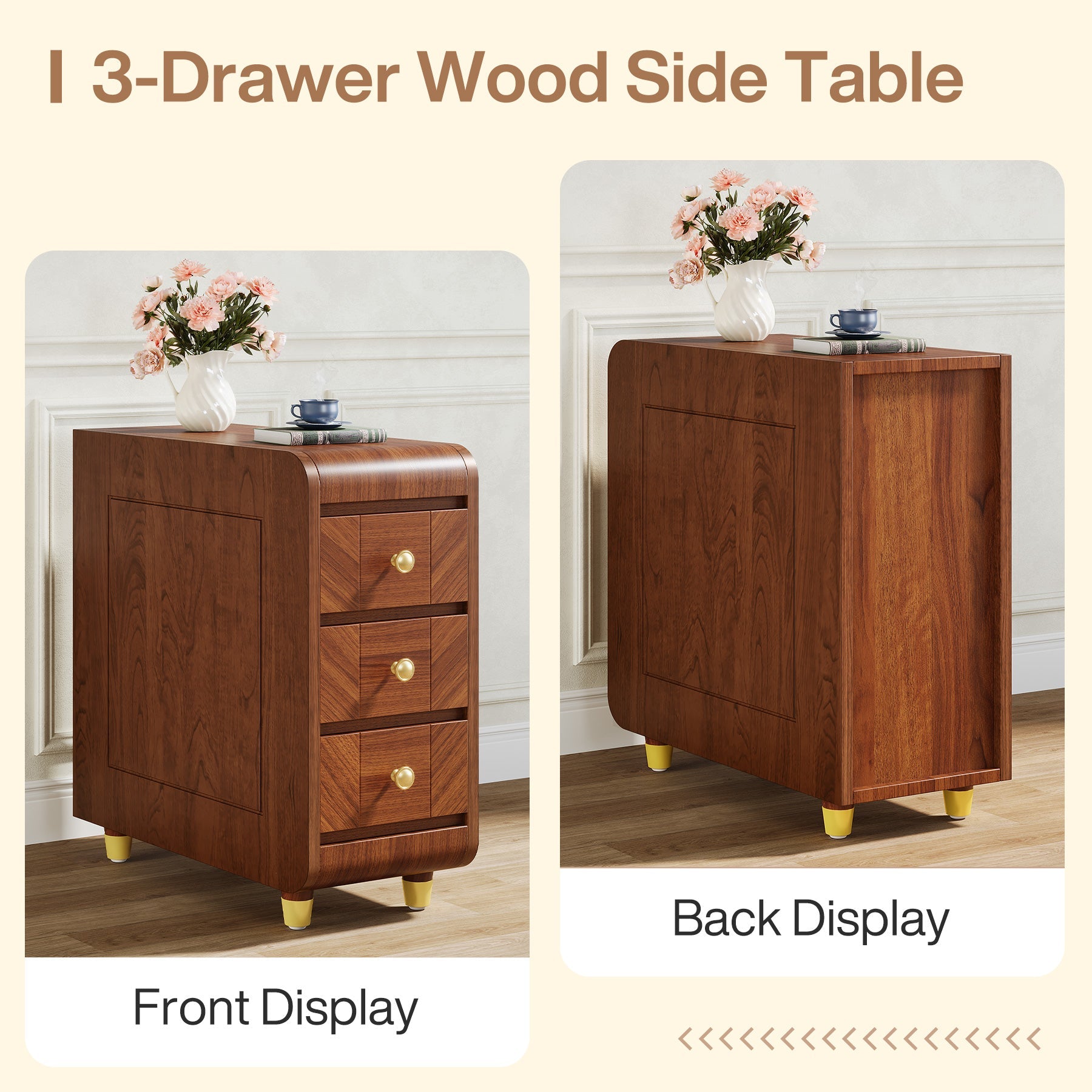 3 Drawer End Table - Small Classic Sofa Side Table & Bedside Nightstand with Storage | Perfect for Living Room, Bedroom & Office Use