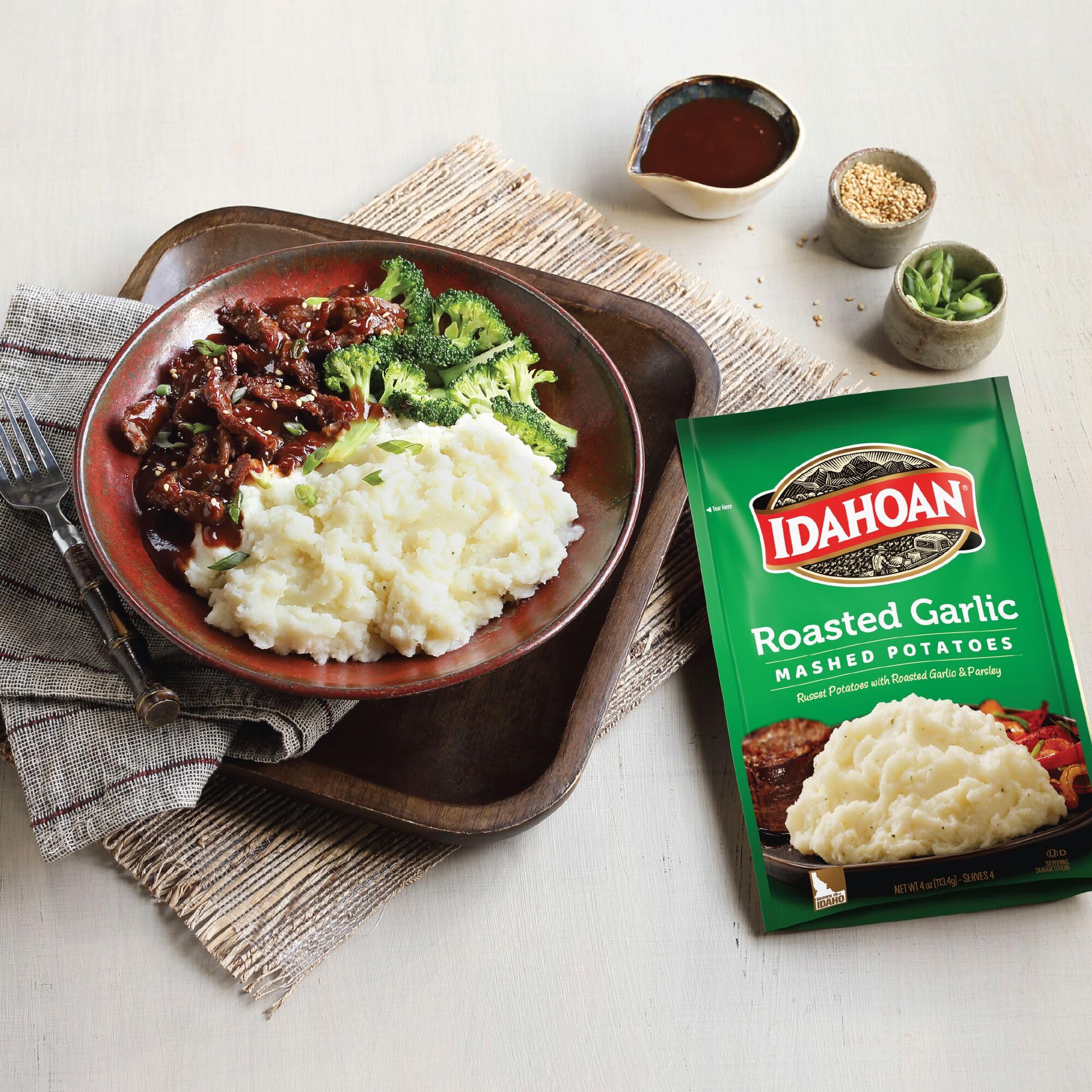Idahoan Roasted Garlic Mashed Potatoes - 4 oz (Pack of 12) | Instant Potato Side Dish for Thanksgiving, Family Dinners & Quick Meals