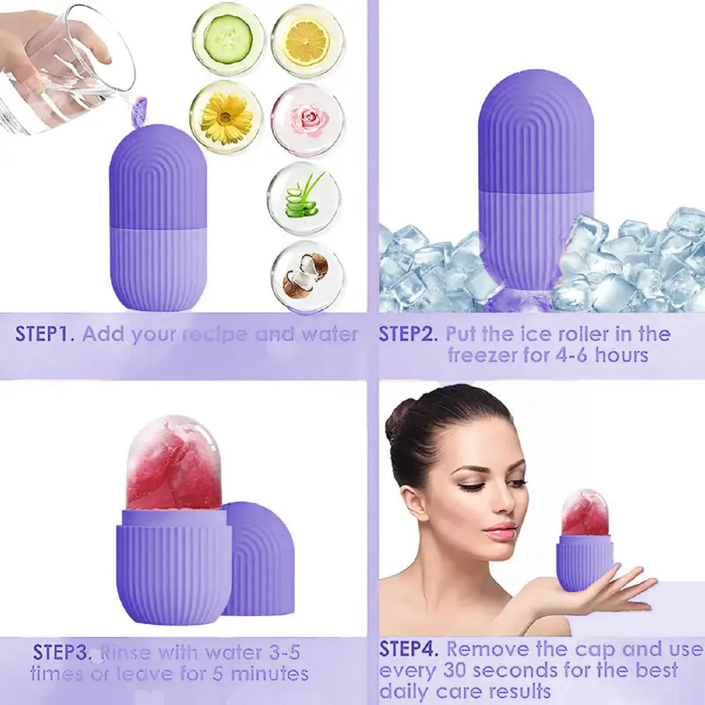 Natural Glow Ice Roller for Face, Eyes & Neck – Reusable Anti-Wrinkle Silicone Facial Massager (2-Pack, Violet) | Reduce Puffiness & Dark Circles, Soothe Skin for a Radiant Look – Perfect for Morning Routine & Post-Workout Recovery