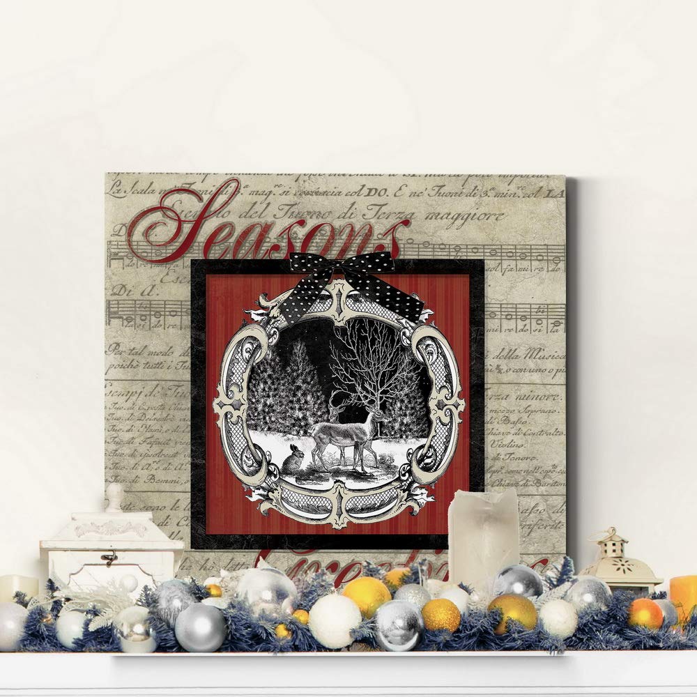 Premium Season's Greetings Deer & Hare Wall Art - Christmas Canvas Decor with Antique Sheet Music Background - 40x40 Inches Gallery Wrapped - Ready to Hang - Made in USA - Perfect for Holiday Home Decor, Living Room, Bedroom & Office