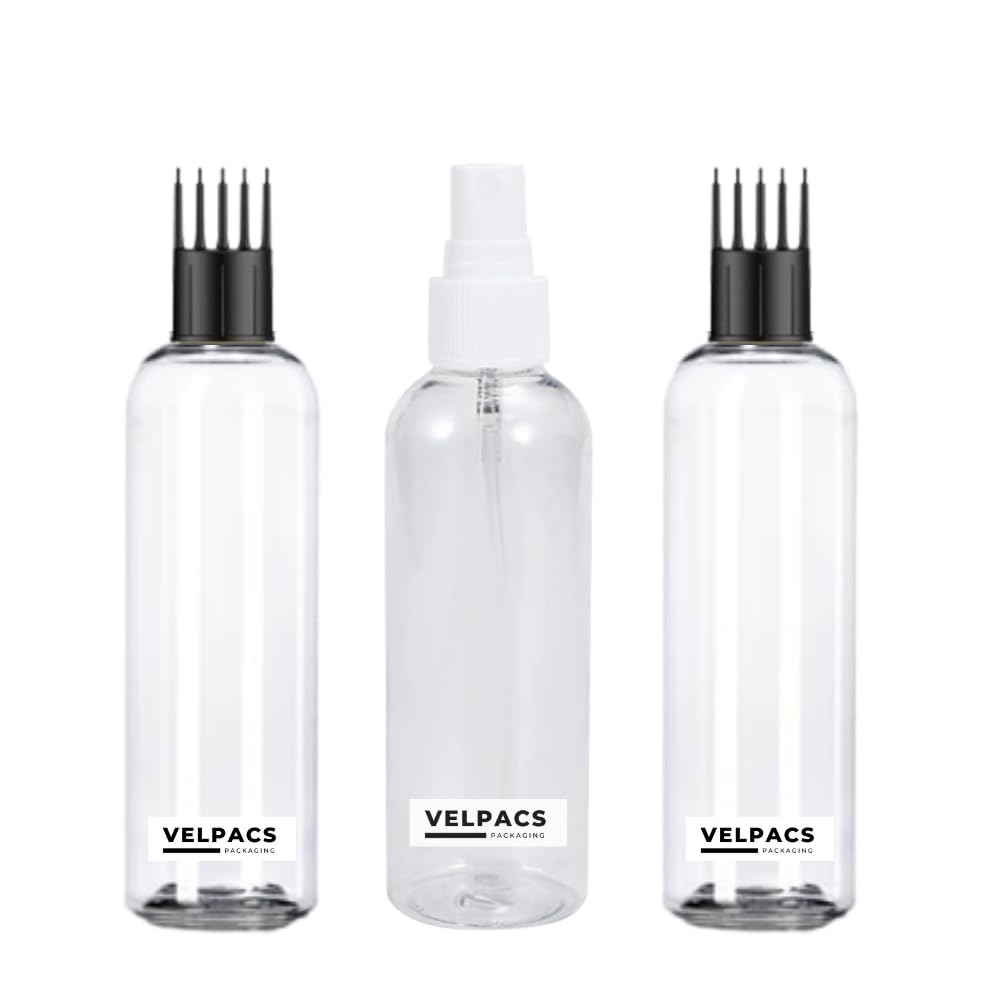 Velpacs 200ml Clear Empty Plastic Bottles with 2 Applicators & 1 Mist Sprayer (3-Pack) - Refillable Containers for Rosemary Oil, Hair Growth Serums, Essential Oils, Perfumes & Travel Toiletries | DIY Beauty, Aromatherapy & On-The-Go Use