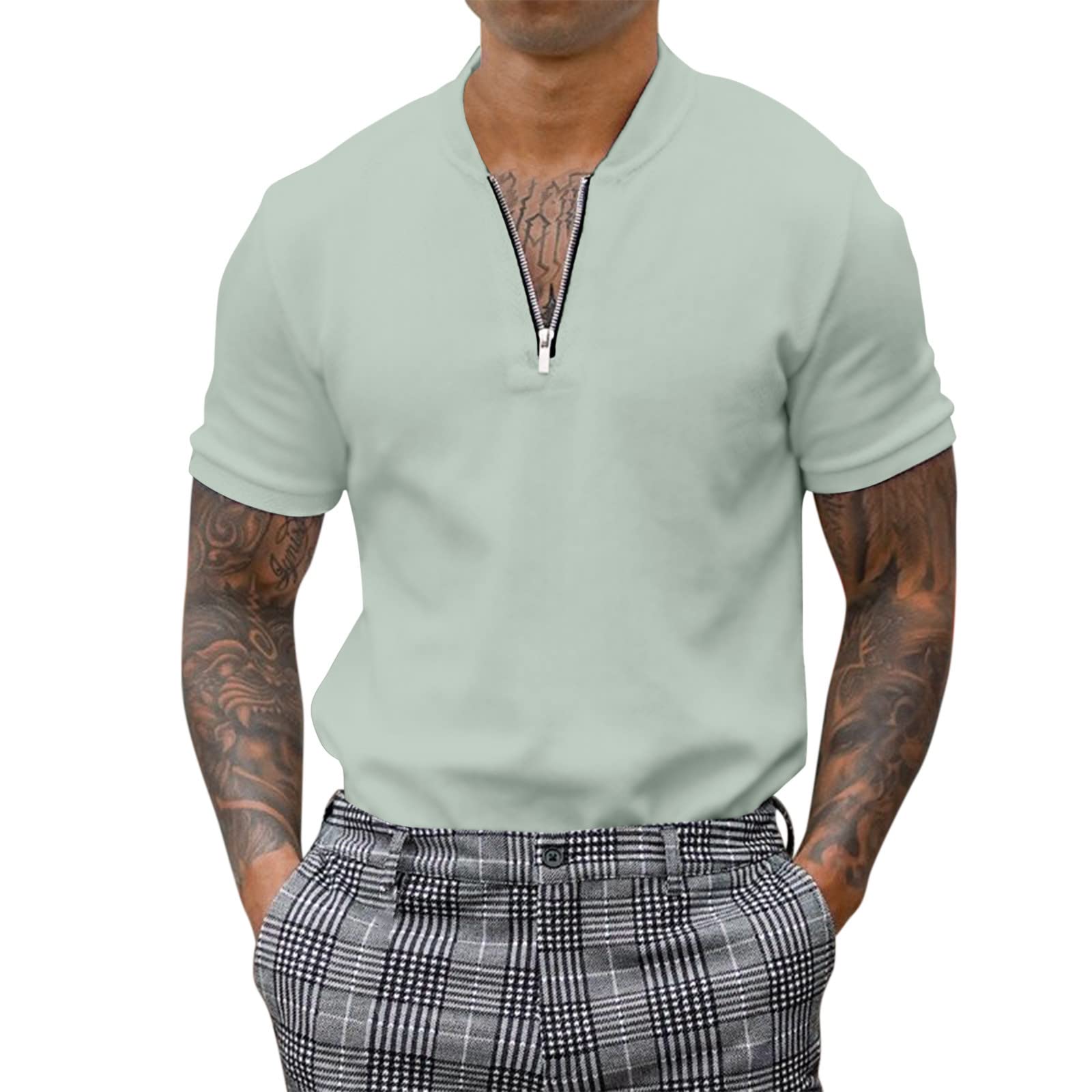 Men's Casual Zipper Stand Collar Shirt - Short & Long Sleeve Tops for Work & Travel