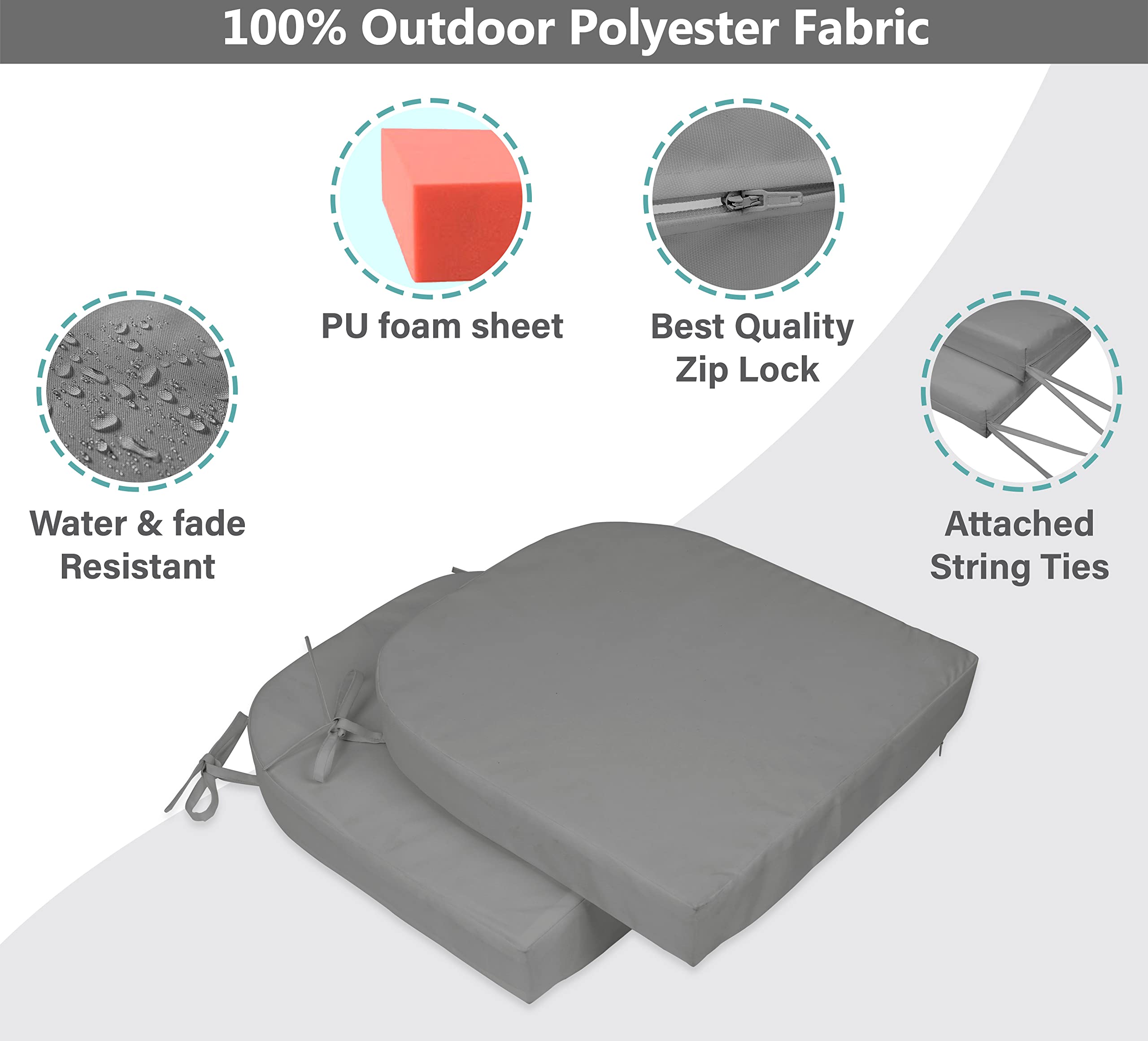 Premium Indoor/Outdoor Patio Chair Cushions with Ties - 16x18 Inch Round Back Seat Cushions for Garden Furniture, Deck Chairs & Outdoor Seating - Water-Resistant & Comfortable - Set of 2 (Gray) - Perfect for Backyard, Poolside & Patio Relaxation