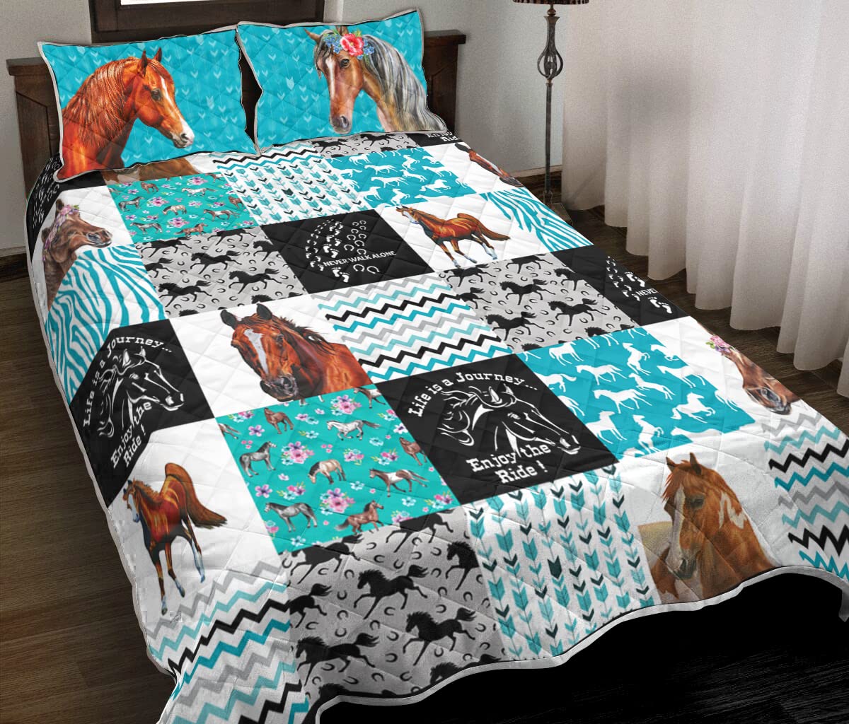 Enjoy The Ride Horse Quilt Bedding Set - Queen Size Horse Lover Comforter Set with Rustic Cowboy Design - Perfect for Western Themed Bedrooms, Ranch Homes & Gift for Equestrian Enthusiasts (Mom, Dad, Daughter, Son)