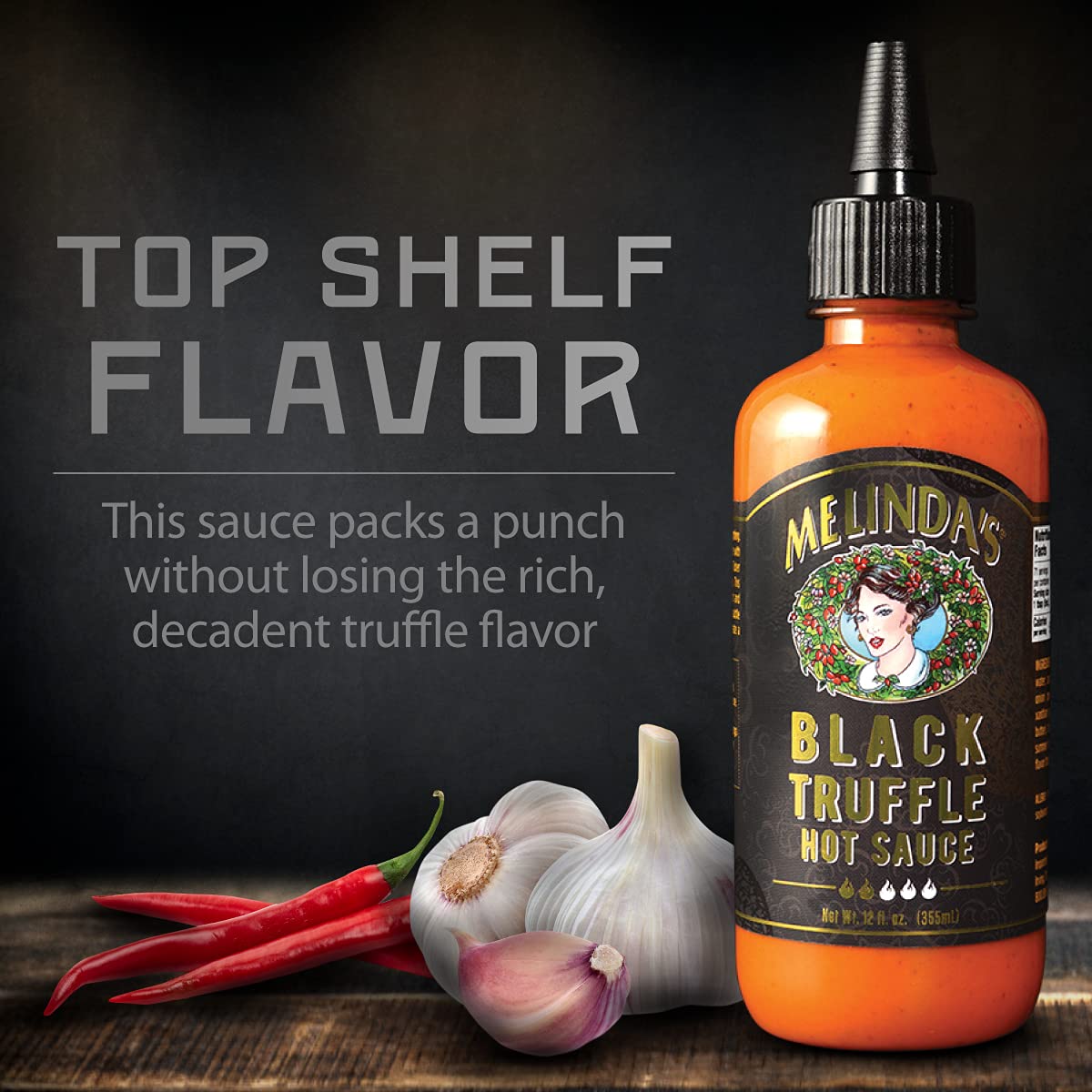 Melinda's Black Truffle Hot Sauce - Premium Gourmet Hot Sauce with Italian Black Truffles, Cayenne Peppers, Garlic & Colombian Honey - Keto Friendly, Sugar Free, Low Carb - 12 oz Bottle - Perfect for Pizza, Pasta, Steak & Charcuterie Boards