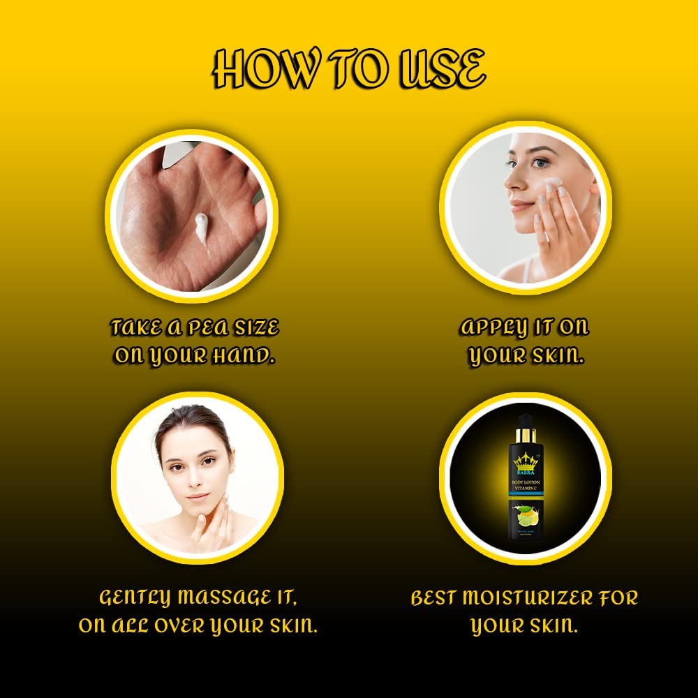Babra Vitamin C Body Lotion for Men & Women - 100% Natural Moisturizer for Dry & Normal Skin | Deep Hydration & 72h Moisture Lock | Brightens & Nourishes for Healthy Glow | 200ml - Perfect for Daily Skincare Routine, Post-Workout Recovery & Winter Dryness Relief