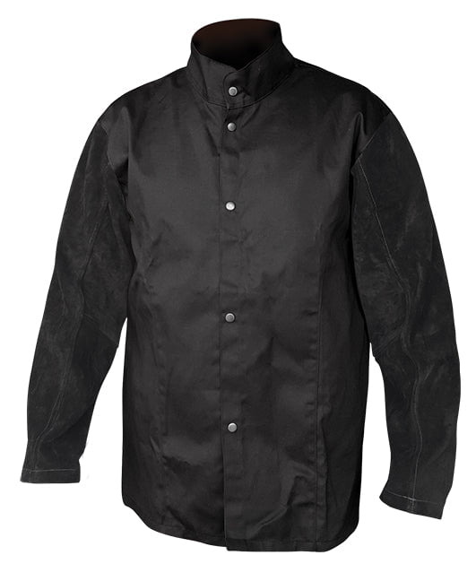 Armor Black Flame Resistant Jacket with Genuine Leather Sleeves & Kevlar Stitching - Heavy Duty Motorcycle Riding, Construction Work & Industrial Safety Gear