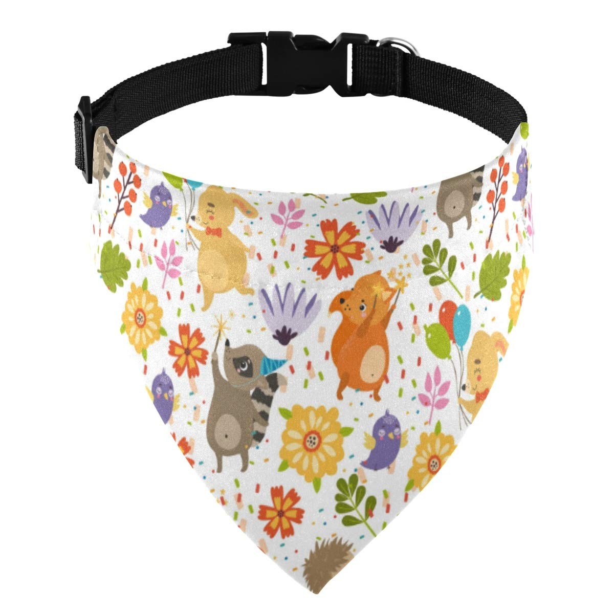 Happy Hedgehog Rabbit Fox Raccoon Pattern Dog Collar with Detachable Bandana - Adjustable Breathable Puppy Kerchief & Bib for Small Medium Dogs - Perfect for Pet Costumes, Photo Shoots and Outdoor Adventures