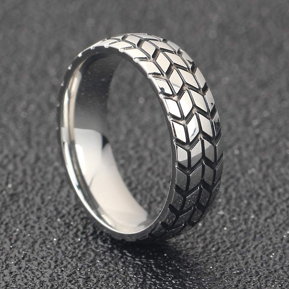 6mm Stainless Steel Tire Tread Motorcycle Band Ring for Men - Rugged Biker Jewelry for Everyday Wear & Motorcycle Enthusiasts