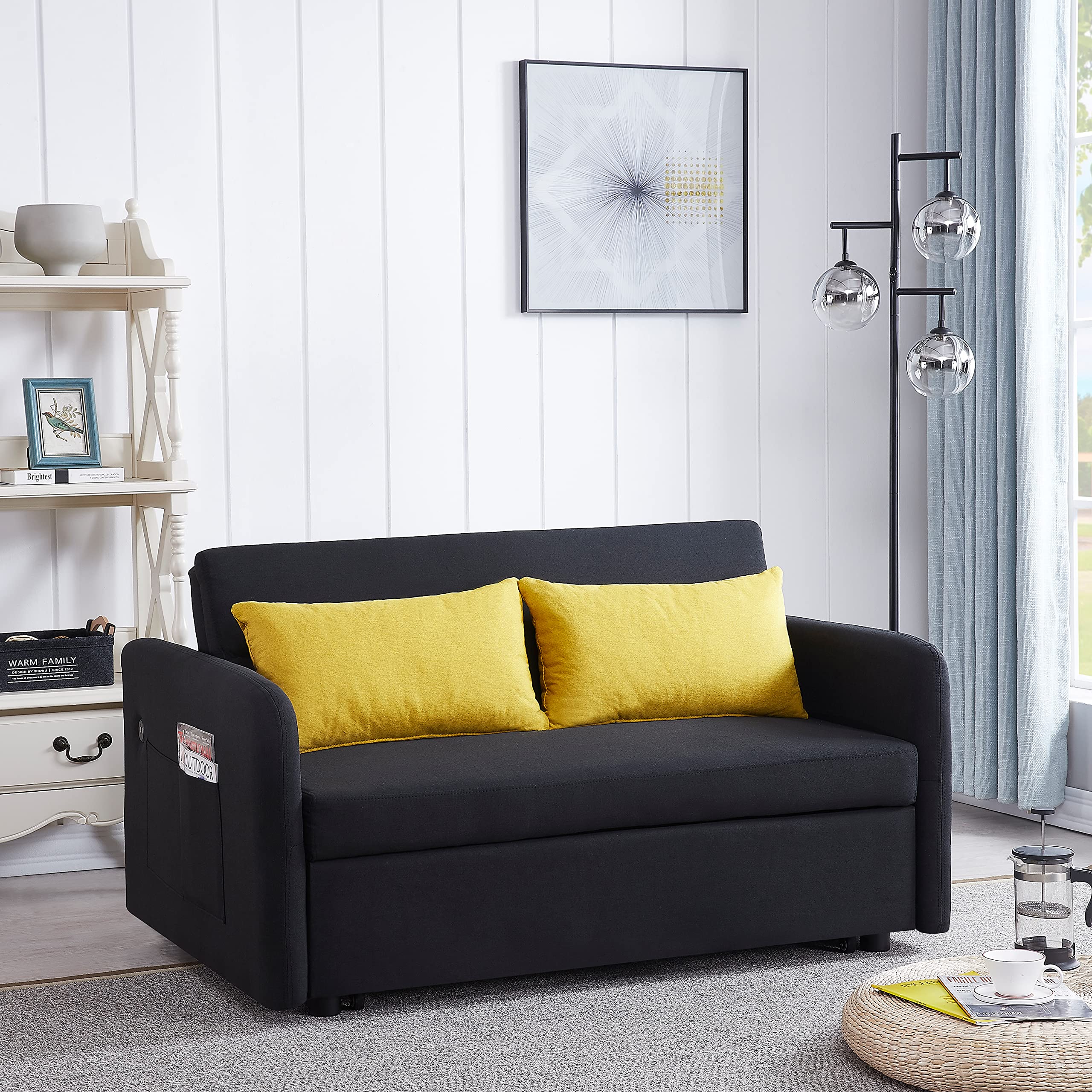 Kevinplus Convertible Sofa Bed with USB Charging Port - Pull-Out Twin Sleeper Sofa & Lounge Chaise with Side Pocket - Space-Saving Multi-Functional Furniture for Small Apartments, Living Room & Guest Bedroom - Black