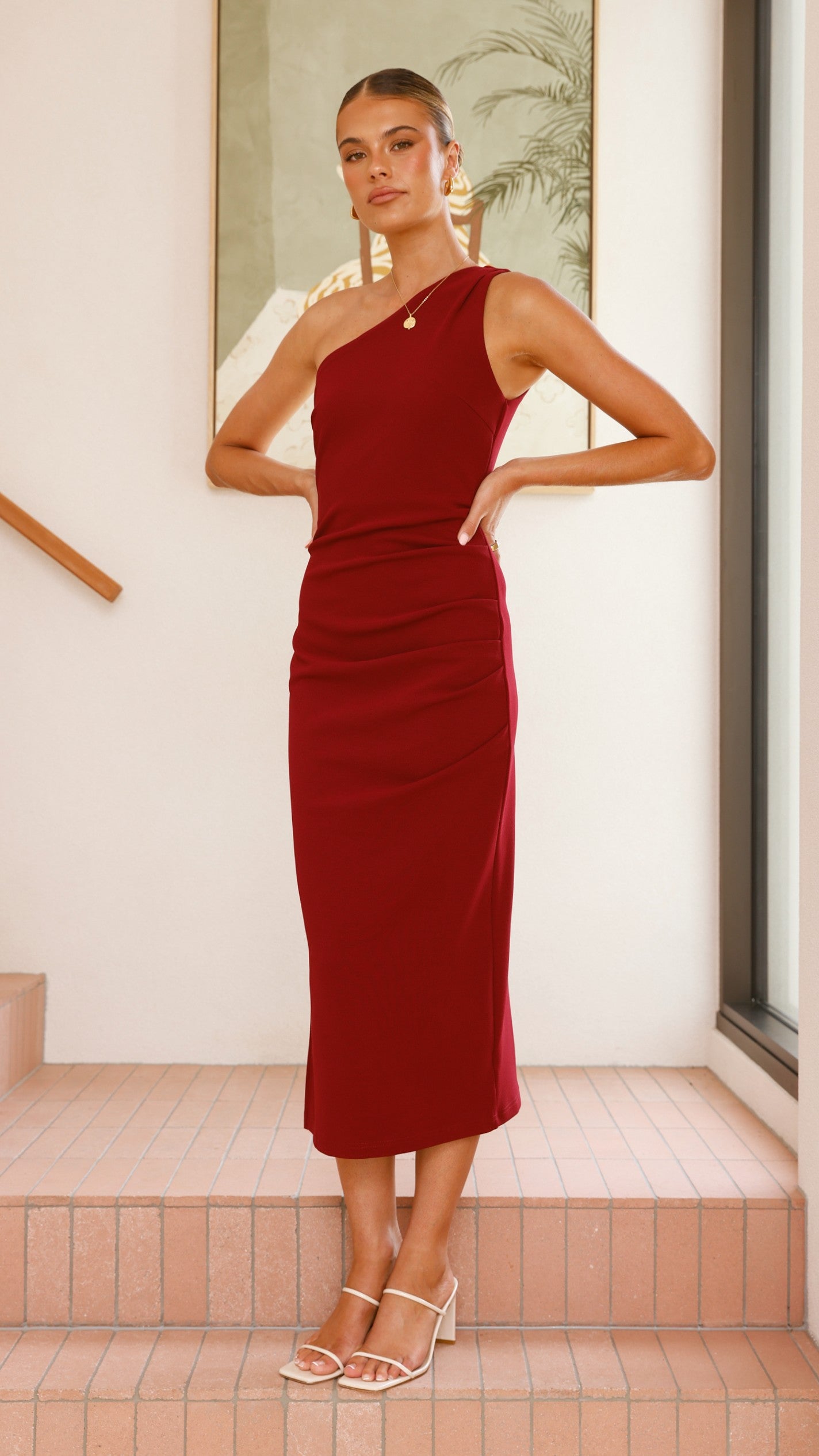 Alaina Midi Dress for Women - Elegant Wine Red Flowy Summer Dress with V-Neck & Short Sleeves | Perfect for Weddings, Parties & Date Nights
