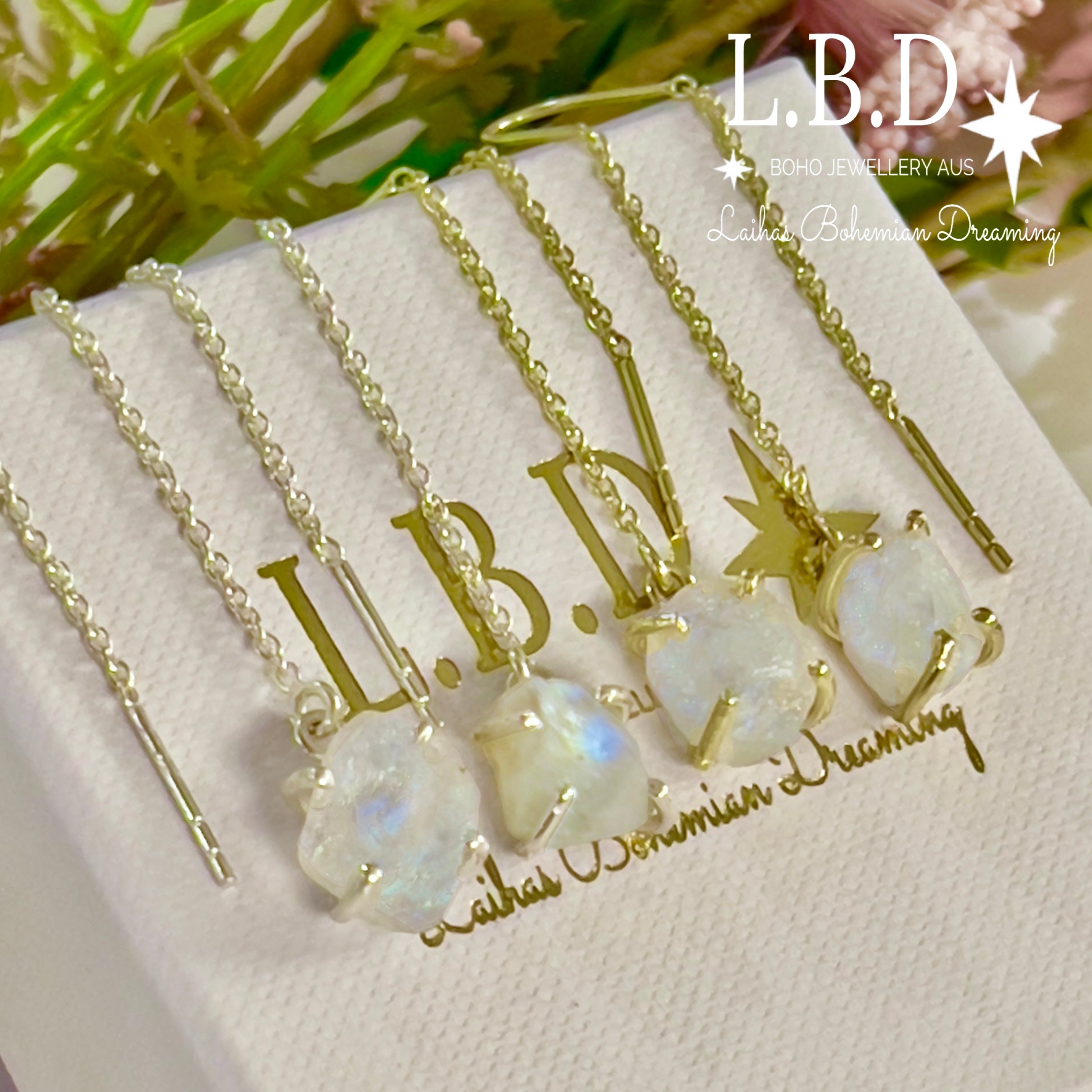 Laihas Raw Moonstone Threader Earrings – Natural Gemstone Boho Jewelry for Women | Perfect for Everyday Wear, Yoga, and Spiritual Healing