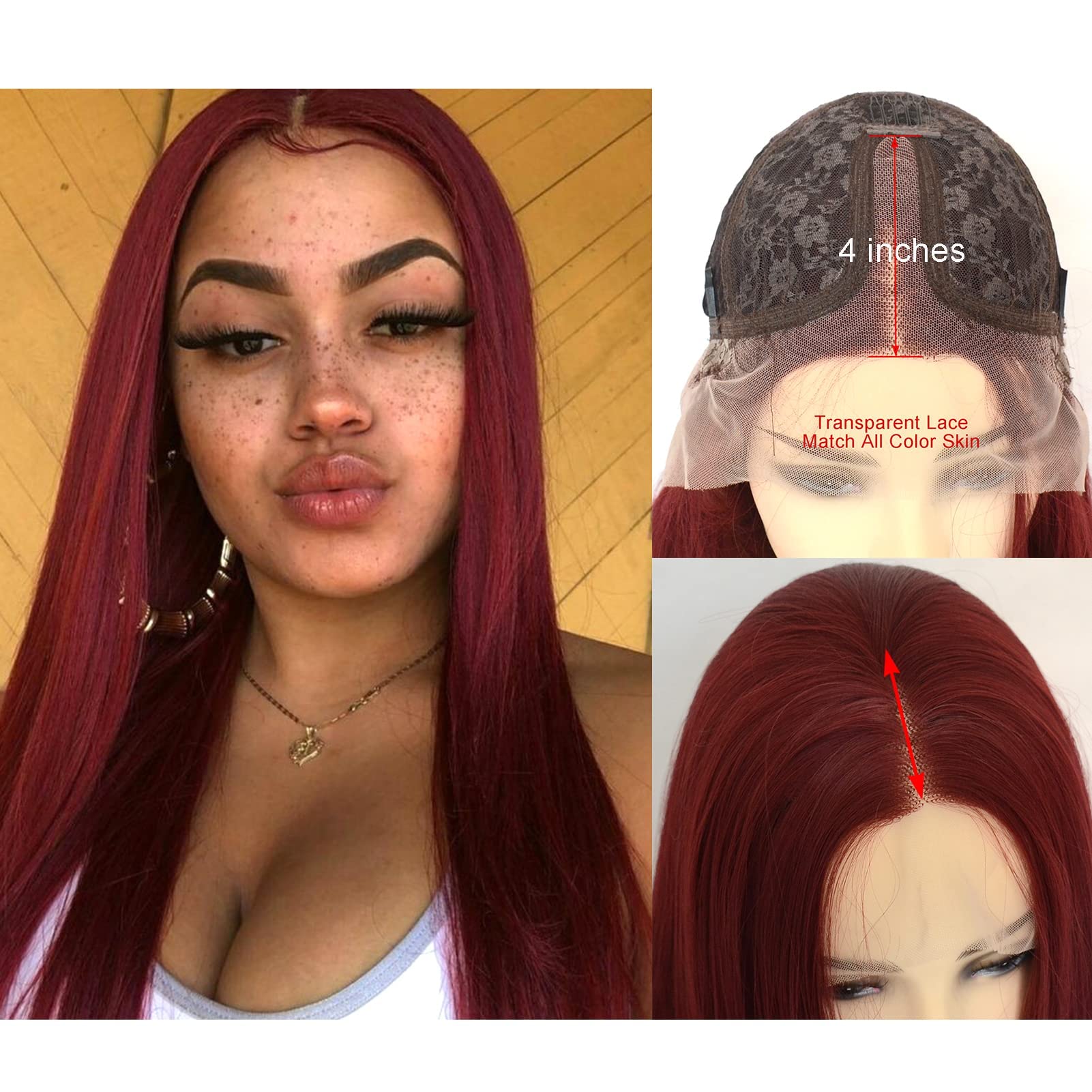 Dark Red Lace Front Wig - T-Lace Part Wine Red Long Straight Synthetic Hair Wig for Women | Middle Part | 22 Inch Silk Straight Full Wig | Daily Wear & Cosplay | Perfect for Parties, Weddings & Special Occasions