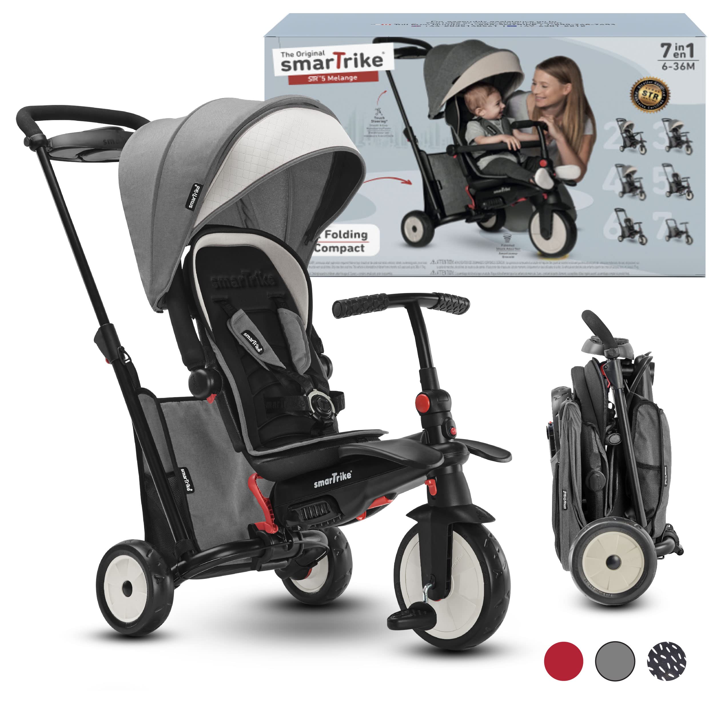 Smartrike STR5 7-Stage Compact Folding Stroller Trike - Certified Safe Baby Tricycle for Toddlers 6+ Months | Adjustable Parent Push Handle, Lightweight Design for Park Walks & Outdoor Adventures