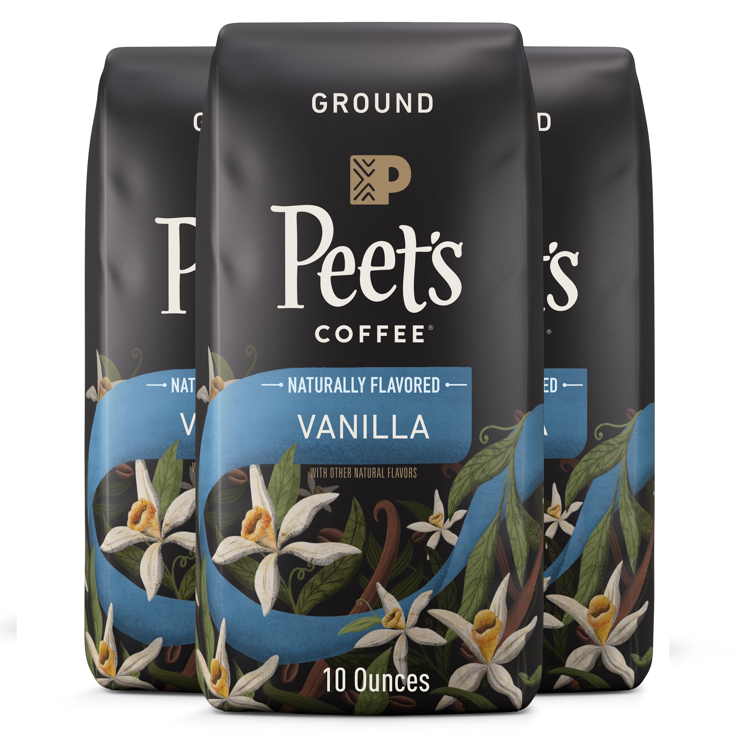 Peet's Coffee Vanilla Light Roast Ground Coffee - 30oz (3 x 10oz Bags) | Premium Arabica Beans for Home Brewing, Office & Camping Use