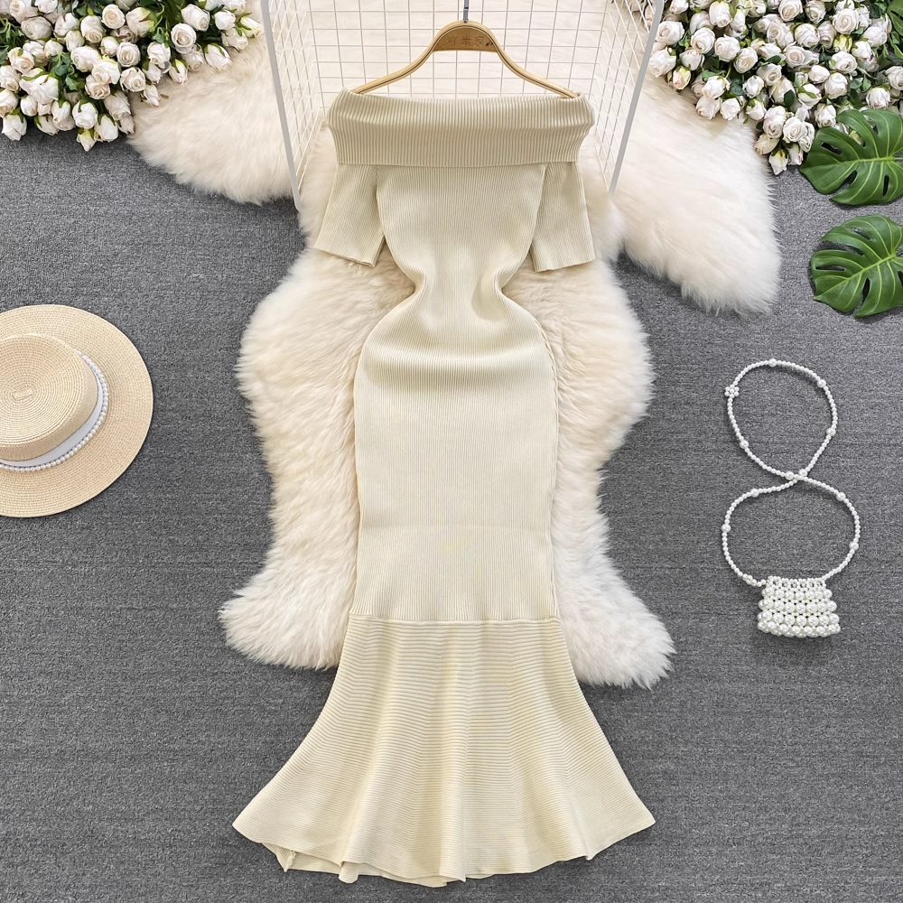 Elegant Off Shoulder Ruffled Knitted Mermaid Evening Dress for Women - Summer Formal Gown 1312 | Perfect for Prom, Cocktail Party & Beach Wedding