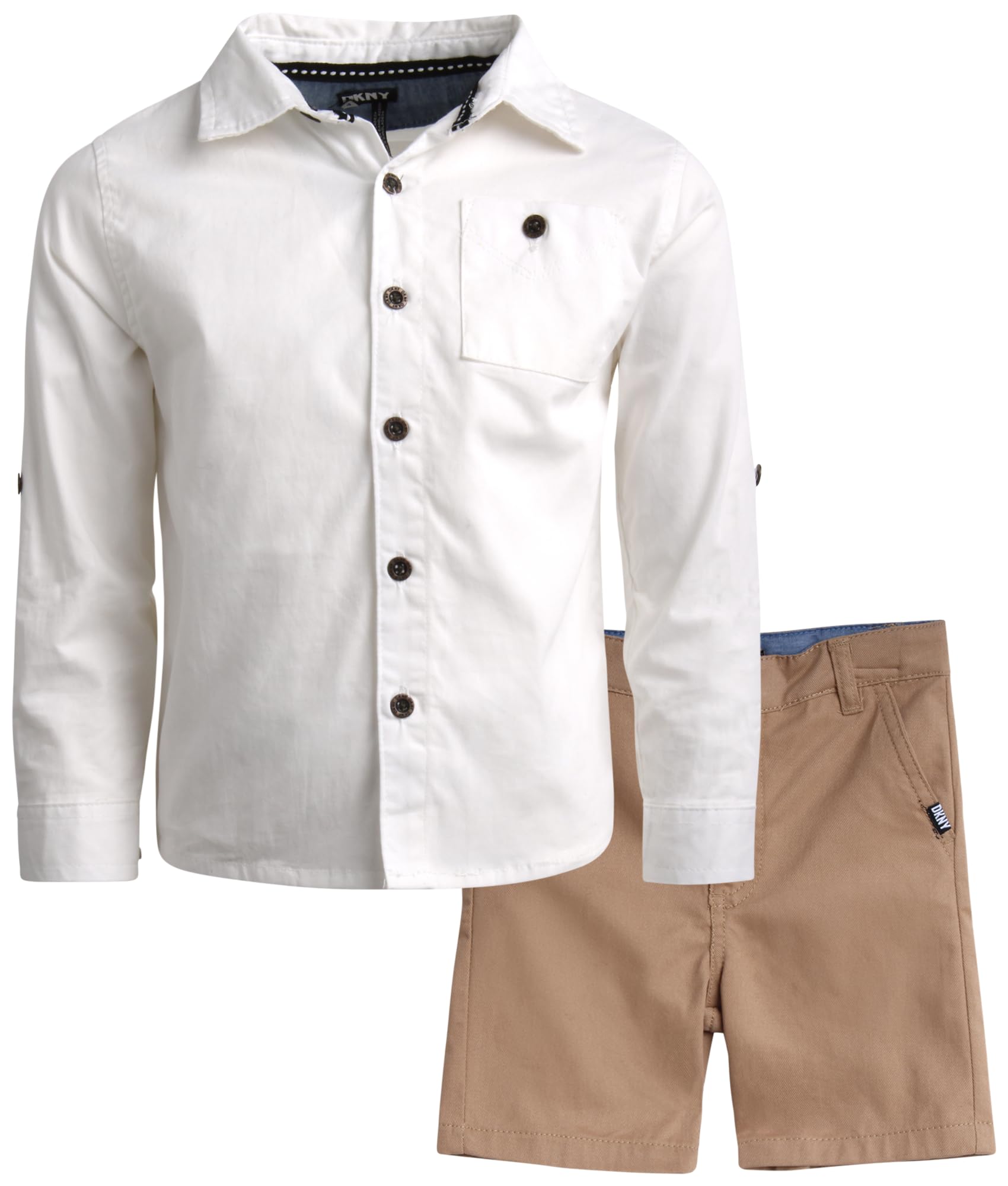 DKNY Boys' Summer Outfit Set - 2 Piece Button Down Shirt & Khaki Shorts for Toddlers (2T-7) | Casual Playwear, Beach Vacation & Preschool Outfits