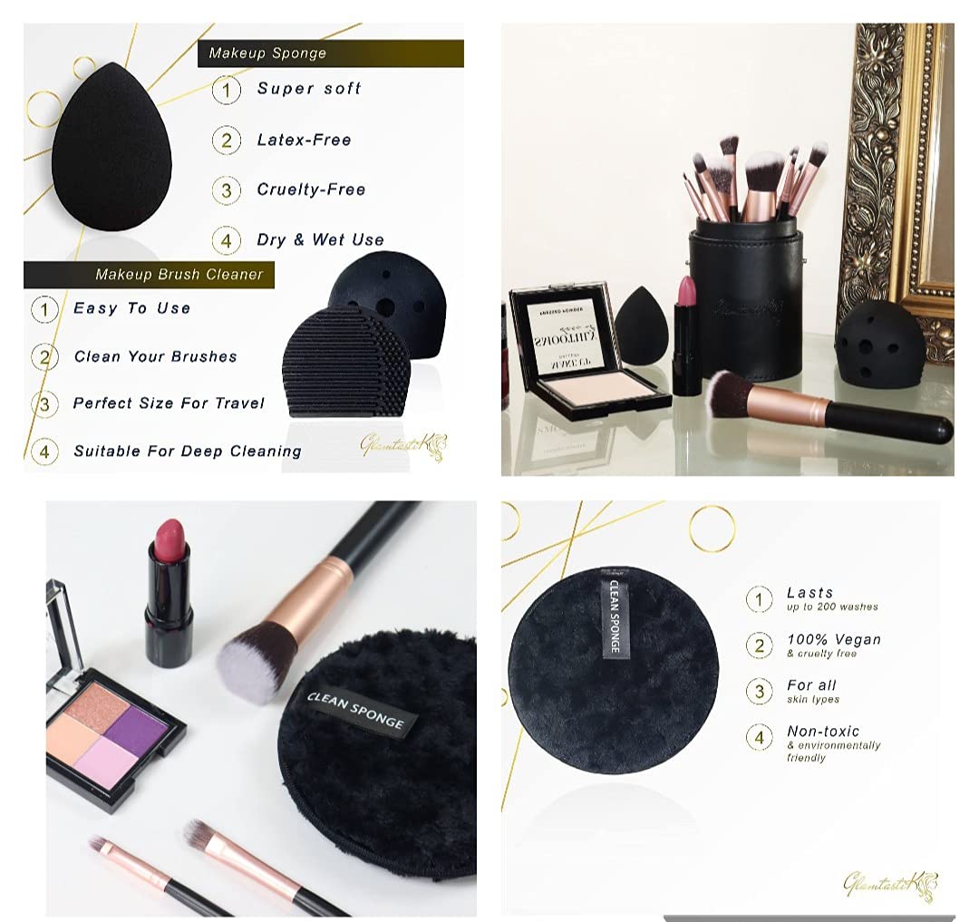 Glamtastik® 19-Piece Vegan Makeup Brush Set - Professional Kabuki Brushes, Beauty Blender & Makeup Remover Pad with Brush Cleaner & Case | Perfect for Travel, Bridal & Everyday Makeup | UK Brand