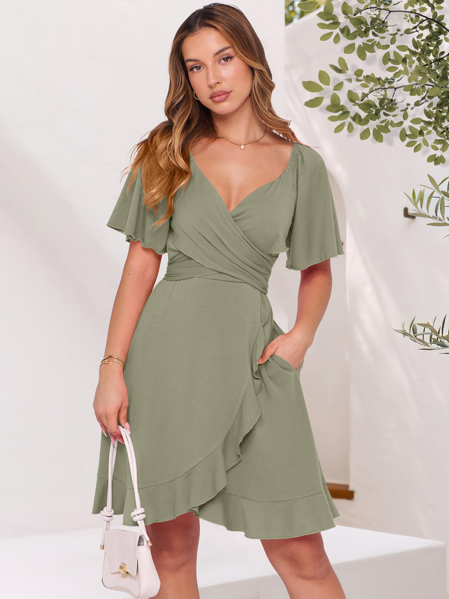Caracilia Women's Summer Wrap Mini Dress - Casual V Neck Short Sleeve Ruffle Hem Cocktail Dress for Wedding Guest, Beach Party & Date Night