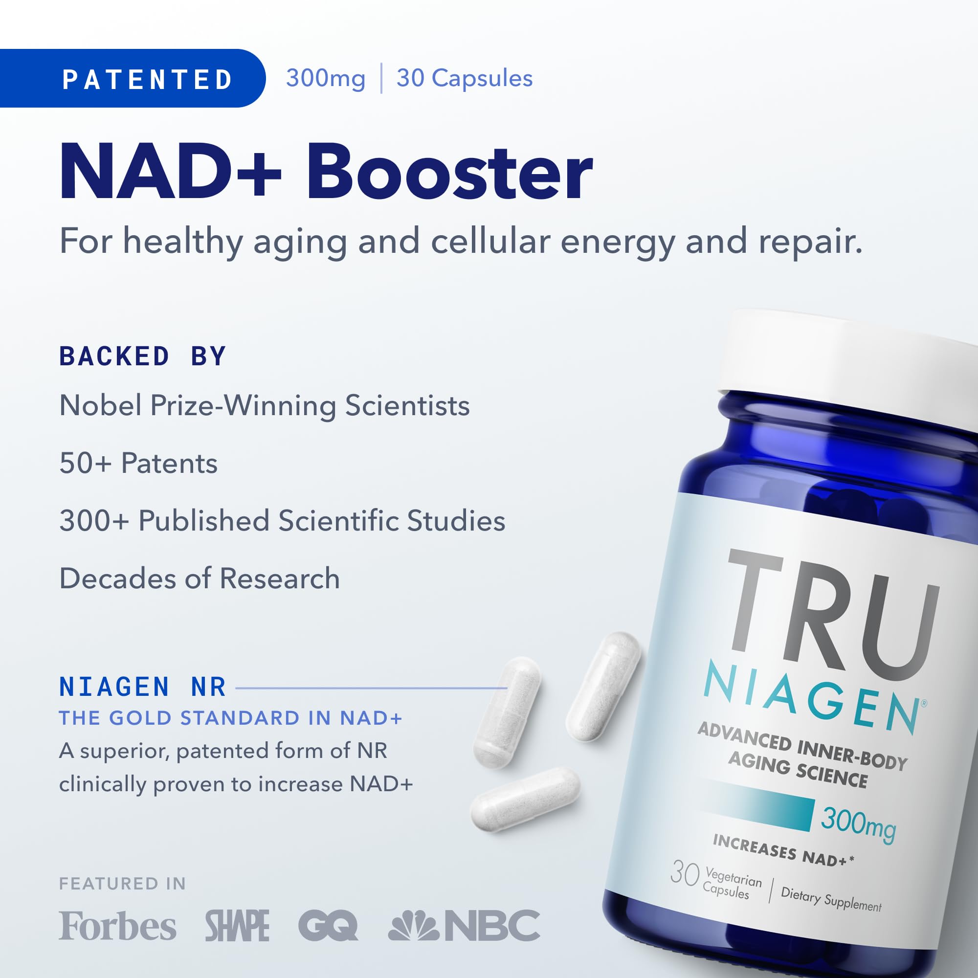 TRU NIAGEN Patented NAD+ Booster Supplement - 300mg Nicotinamide Riboside (NR) for Anti-Aging & Cellular Renewal | Supports Brain, Muscle & Energy Metabolism | 30-Day Supply (2 Bottles) | Ideal for Active Lifestyles & Healthy Aging