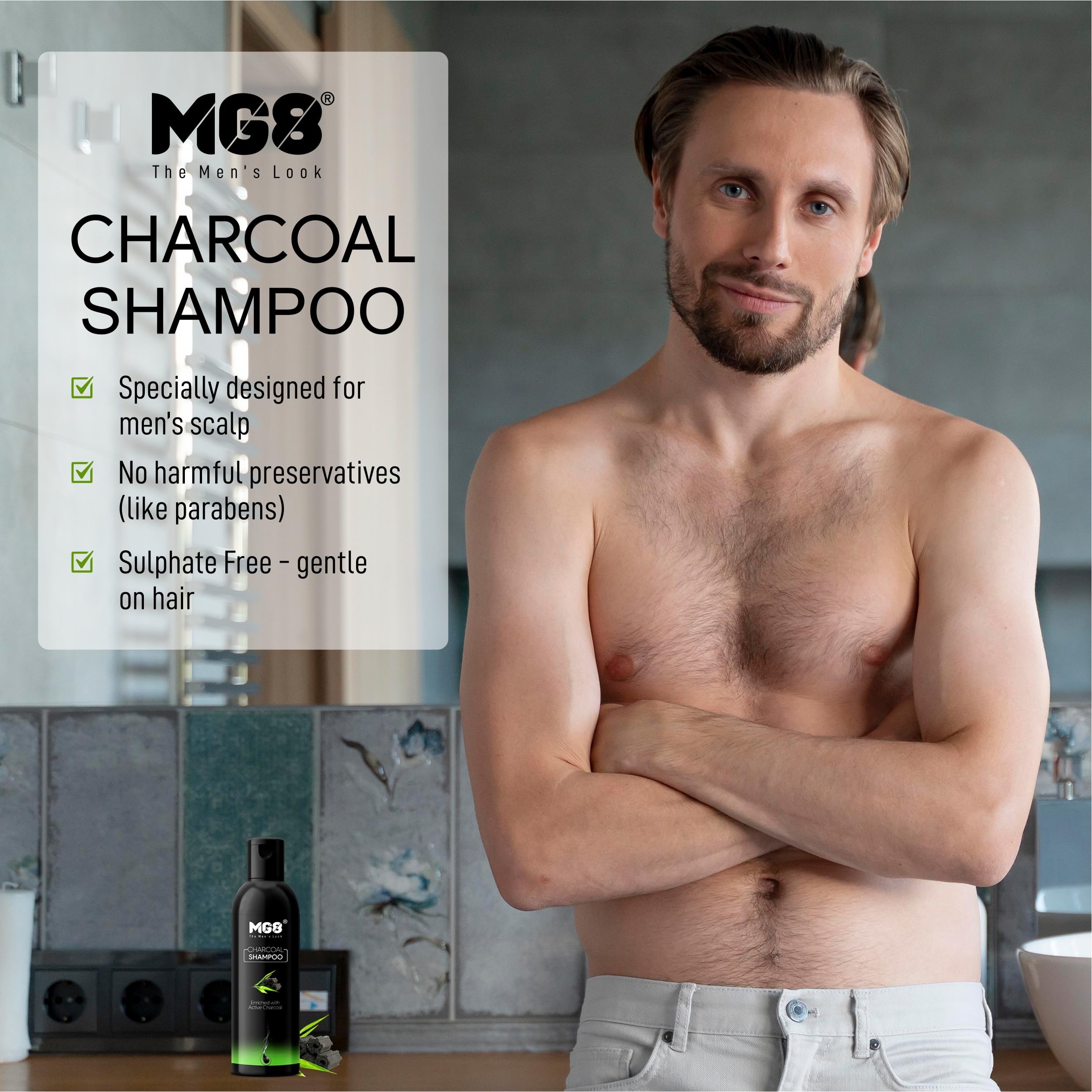 MG8 Anti-Dandruff Shampoo for Men - 250ml Charcoal Shampoo for Oily Scalp | Promotes Hair Growth & Healthy Shine | Ideal for Daily Use & Scalp Care