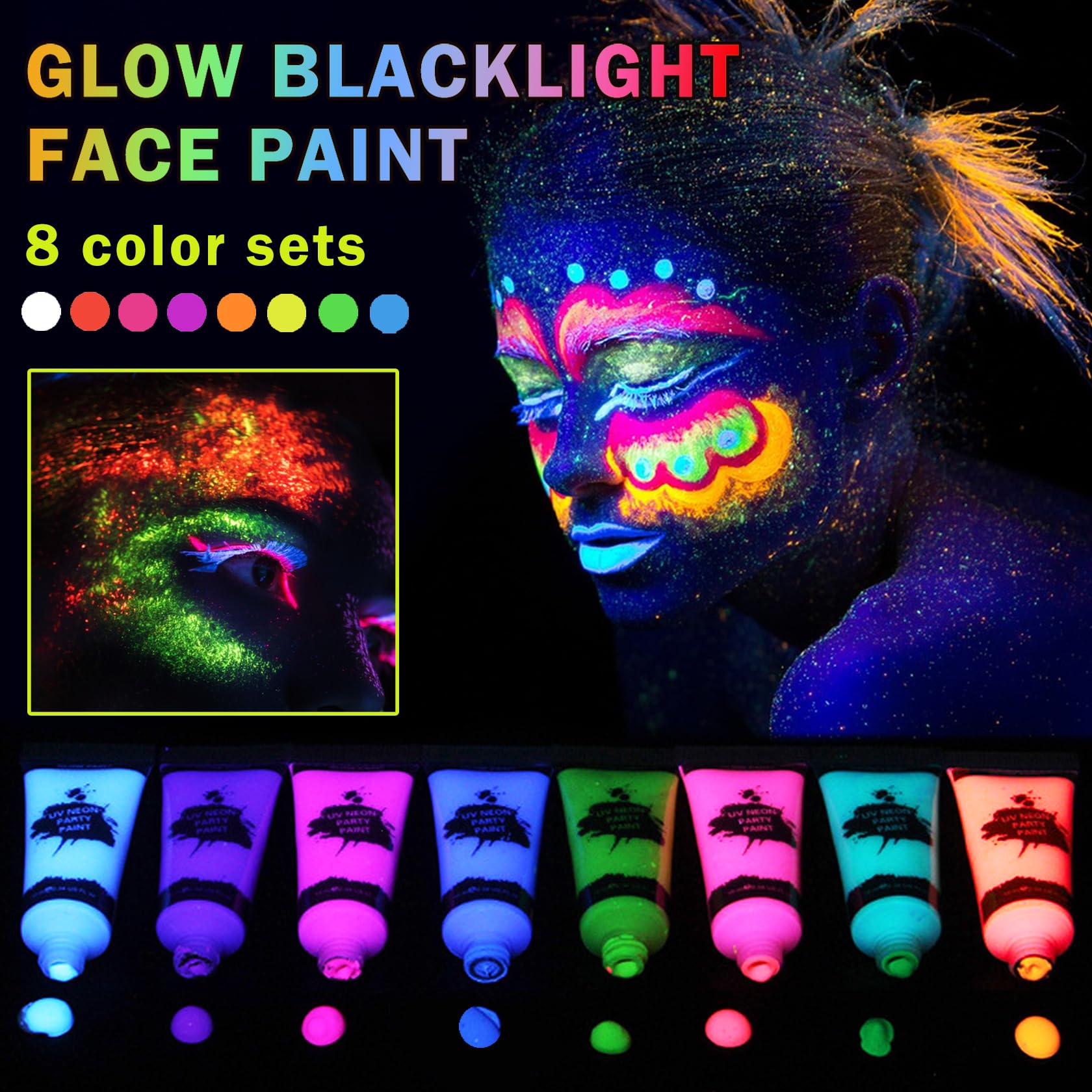 Glow in the Dark Face Paint & Body Paint Set - 8 Neon Colors for UV Blacklight, Halloween & Festival Makeup - Safe for Kids & Adults - Perfect for Parties, Raves & Costume Events