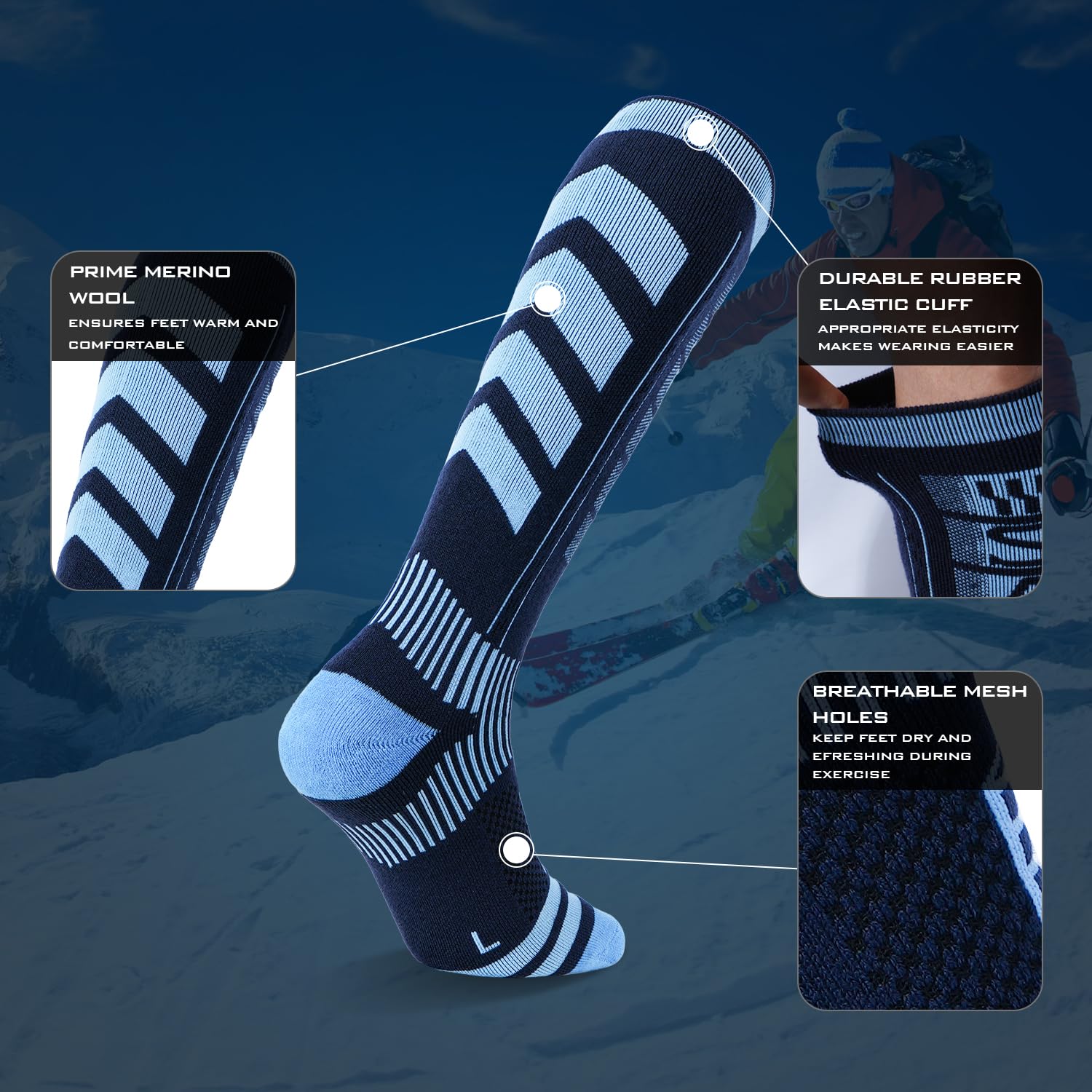 Premium 2-Pair Merino Wool Ski Socks for Men & Women - Warm Winter Sports Socks for Skiing, Skating, Hiking, Climbing & Snowboarding - Perfect for Cold Weather Outdoor Activities & Mountain Adventures