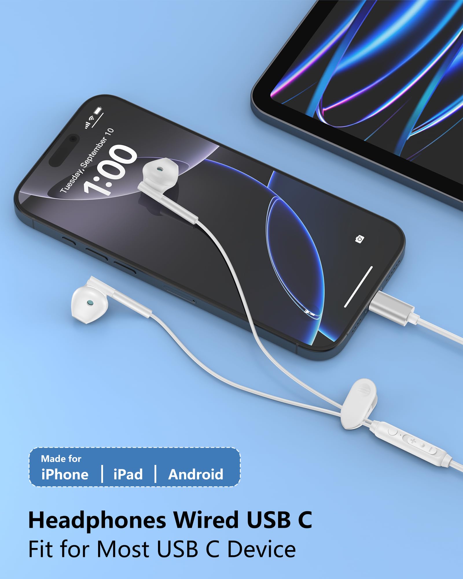 2-Pack USB C Wired Earbuds with Microphone & Volume Control - HiFi Stereo Sound for iPhone 16 Pro Max/16/15 Pro, iPad Pro/Air, Samsung S24, Pixel 9 - Perfect for Gaming, Commuting & Work Calls