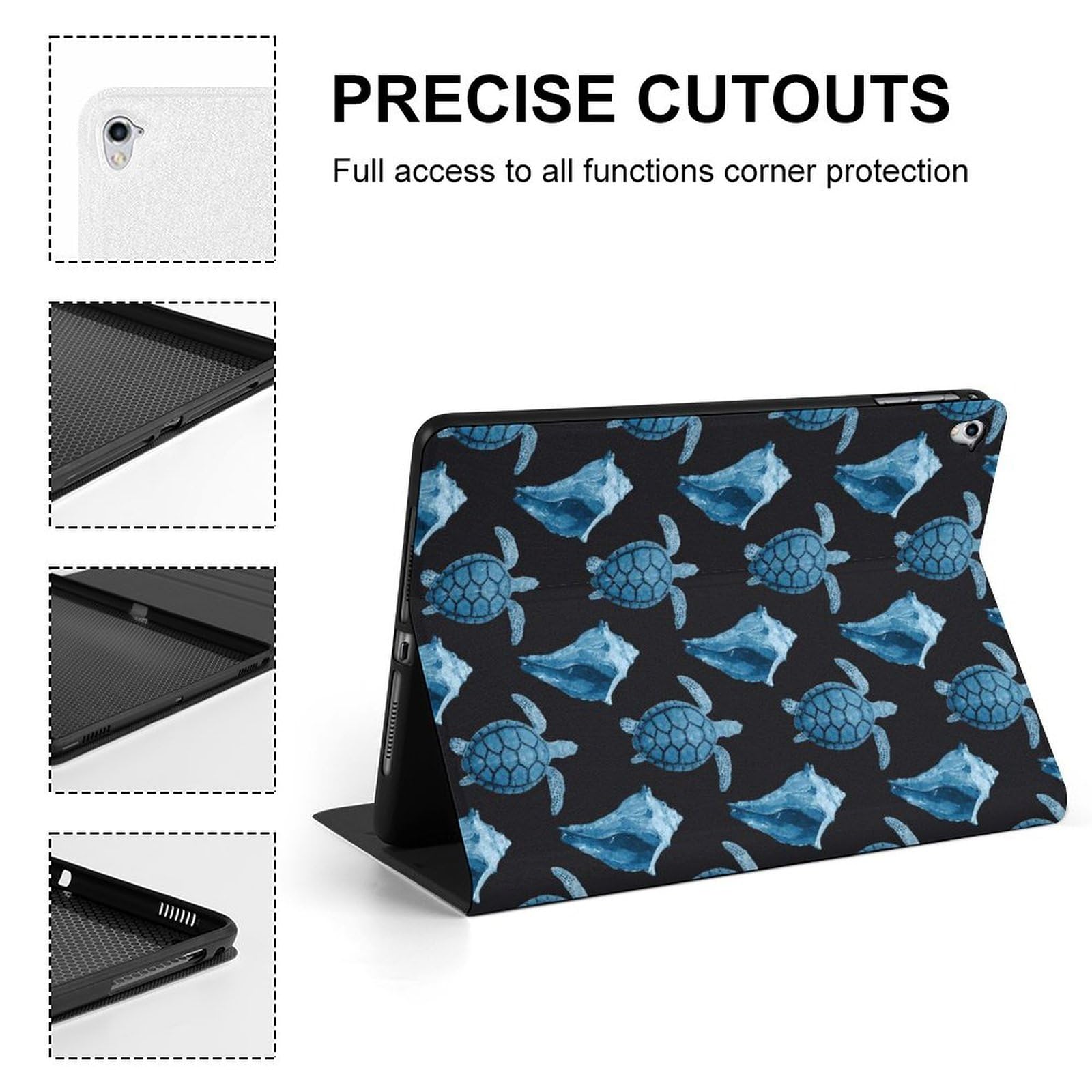 Shockproof Waterproof iPad Pro Case - Slim Blue Sea Turtle Conch Shell Design for iPad Pro 9.7 Inch (2016 Model) | Protective Cover with Stand for Travel, Work & Home Use