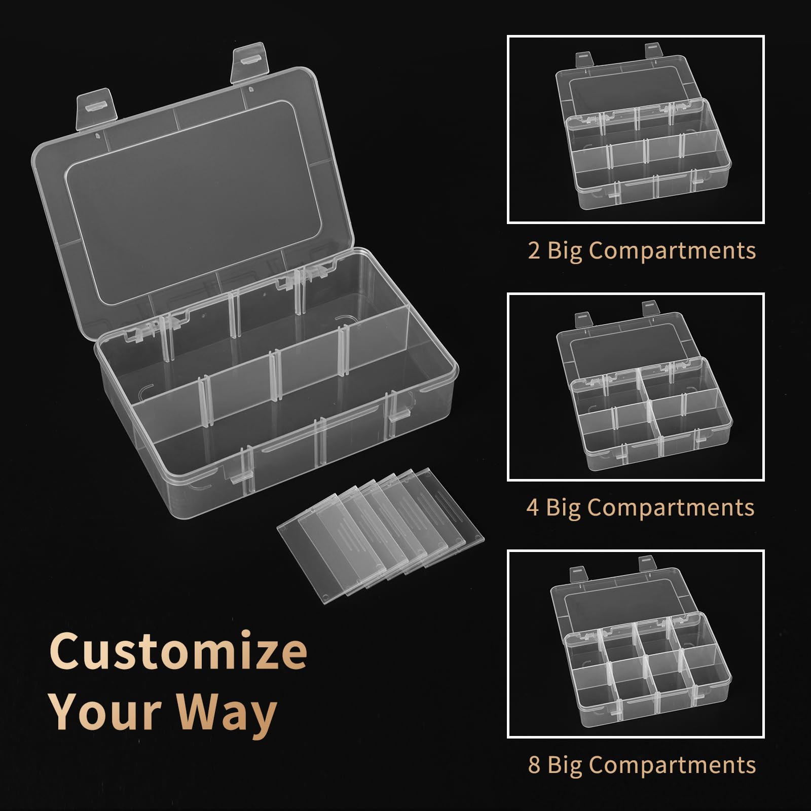 QUEFE 2-Pack Bead Organizer Box - 8 Grids with Removable Dividers for Jewelry, Crafts & Small Parts Storage