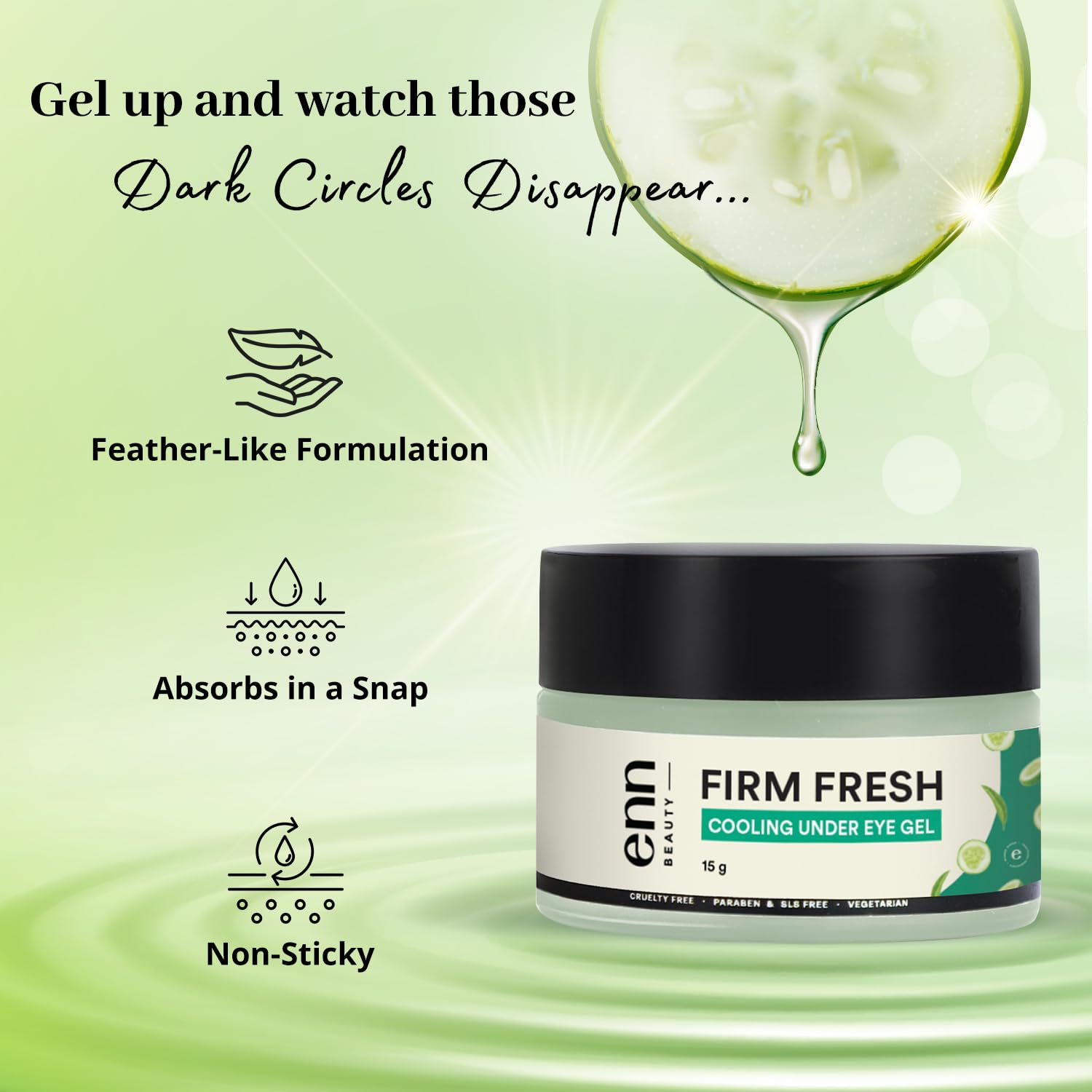 ENN Firm Fresh Cooling Under Eye Gel - Dark Circle & Puffiness Reducer for Tired Eyes - Anti-Wrinkle Treatment with Cucumber, Green Tea & Aloe Vera - 15g - Perfect for Morning Routine & Travel Skincare