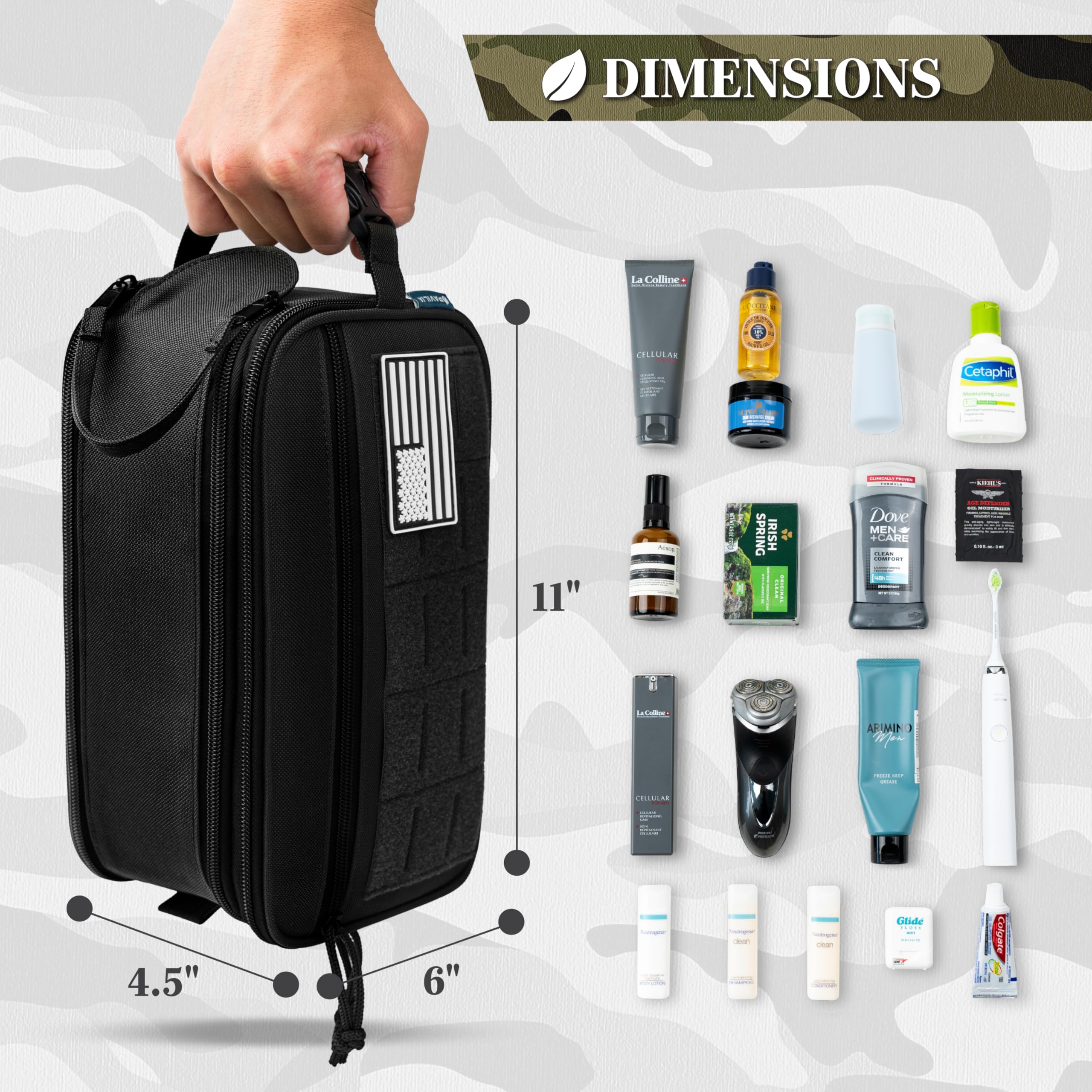 Pavilia Tactical Toiletry Bag for Men - Waterproof Military Dopp Kit with Molle Pouch | Travel Hygiene & Grooming Organizer for Shaving Essentials | Perfect for Camping, Gym & Business Trips (Black)