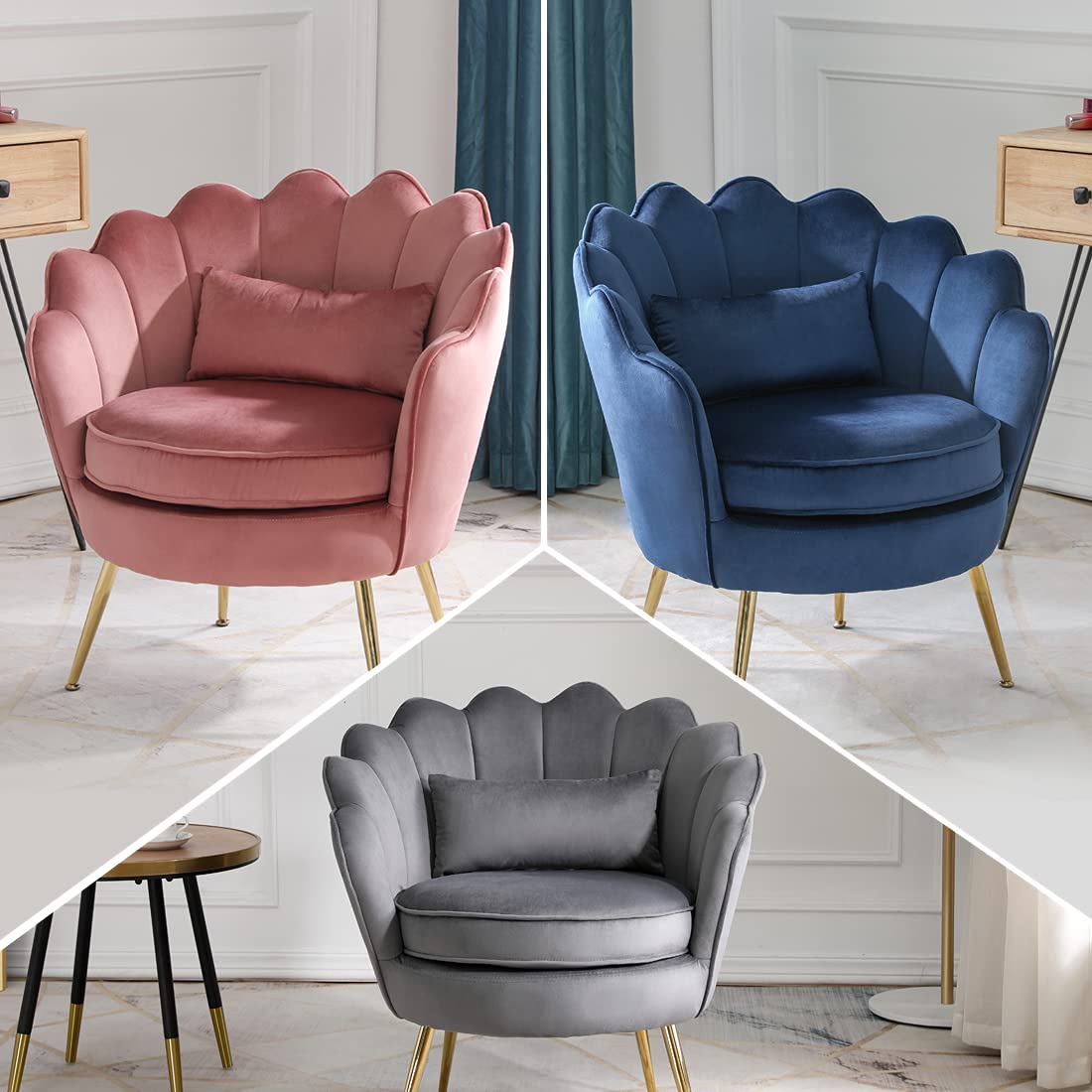 Modern Velvet Accent Chairs Set of 2 - Dark Blue Upholstered Armchairs with Golden Metal Legs for Living Room, Bedroom or Makeup Vanity | Stylish Seating for Home Decor, Lounge & Guest Room