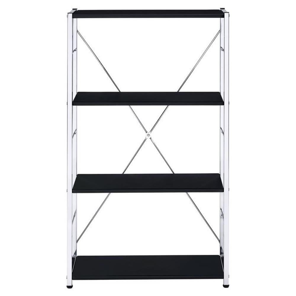 Acme Tennos 4-Tier Wooden Shelves Bookshelf with Sturdy Metal Frame in Black & Chrome - Perfect for Home Office, Living Room & Bedroom Storage