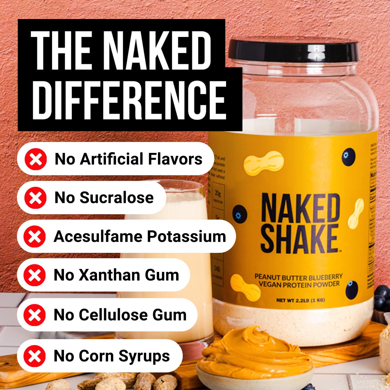 Naked Shake Peanut Butter Blueberry Vegan Protein Powder - Plant-Based Protein with MCT Oil, Gluten-Free, Soy-Free, Non-GMO, No Artificial Sweeteners (30 Servings) - Ideal for Post-Workout Recovery, Healthy Breakfast Smoothies & On-The-Go Nutrition