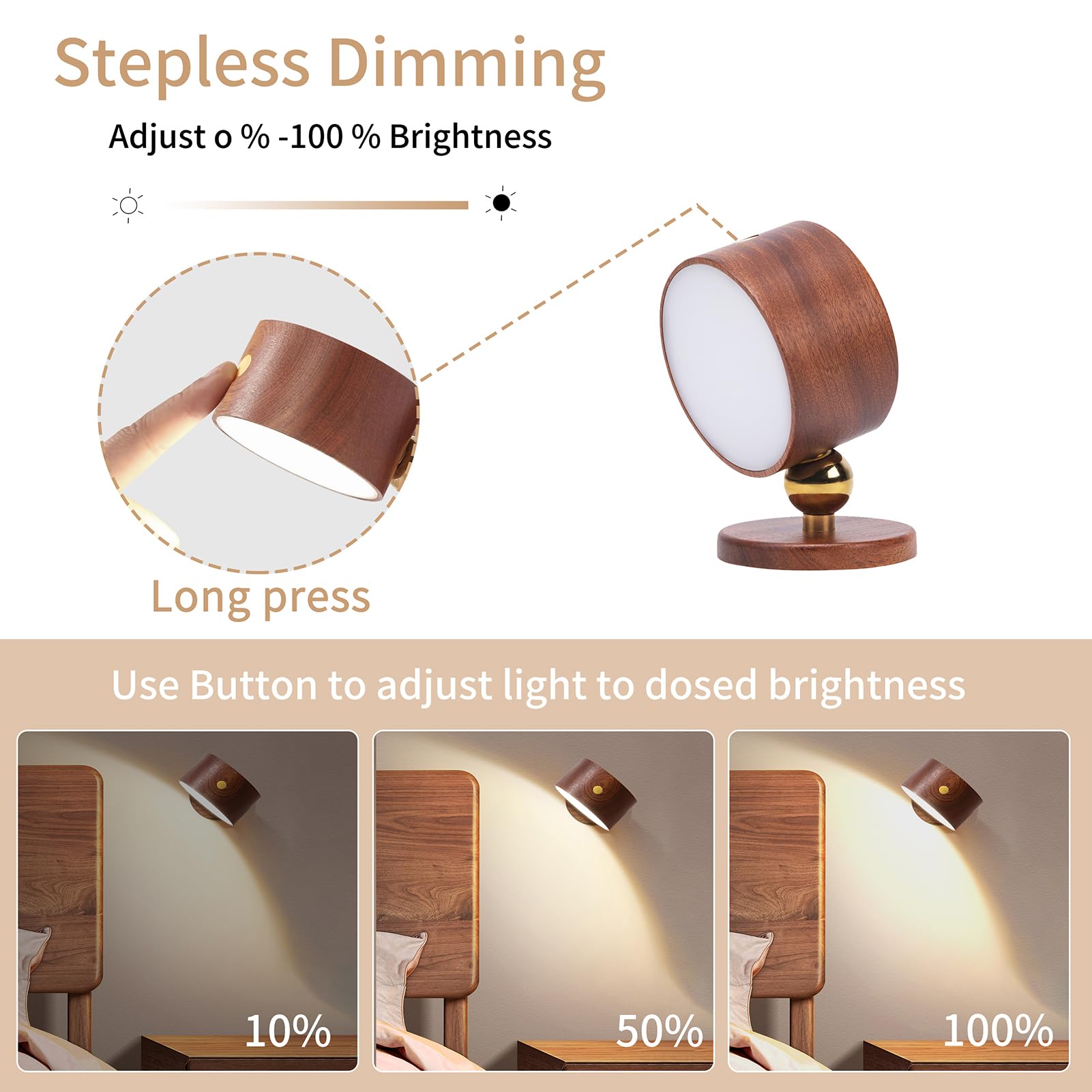 LANDGOO Rotatable USB Rechargeable Magnetic LED Wall Sconce - Dimmable Reading Light for Bedroom, Cabinet & Night Light | Battery Operated, Sapele Wood Finish, Modern Household Lighting
