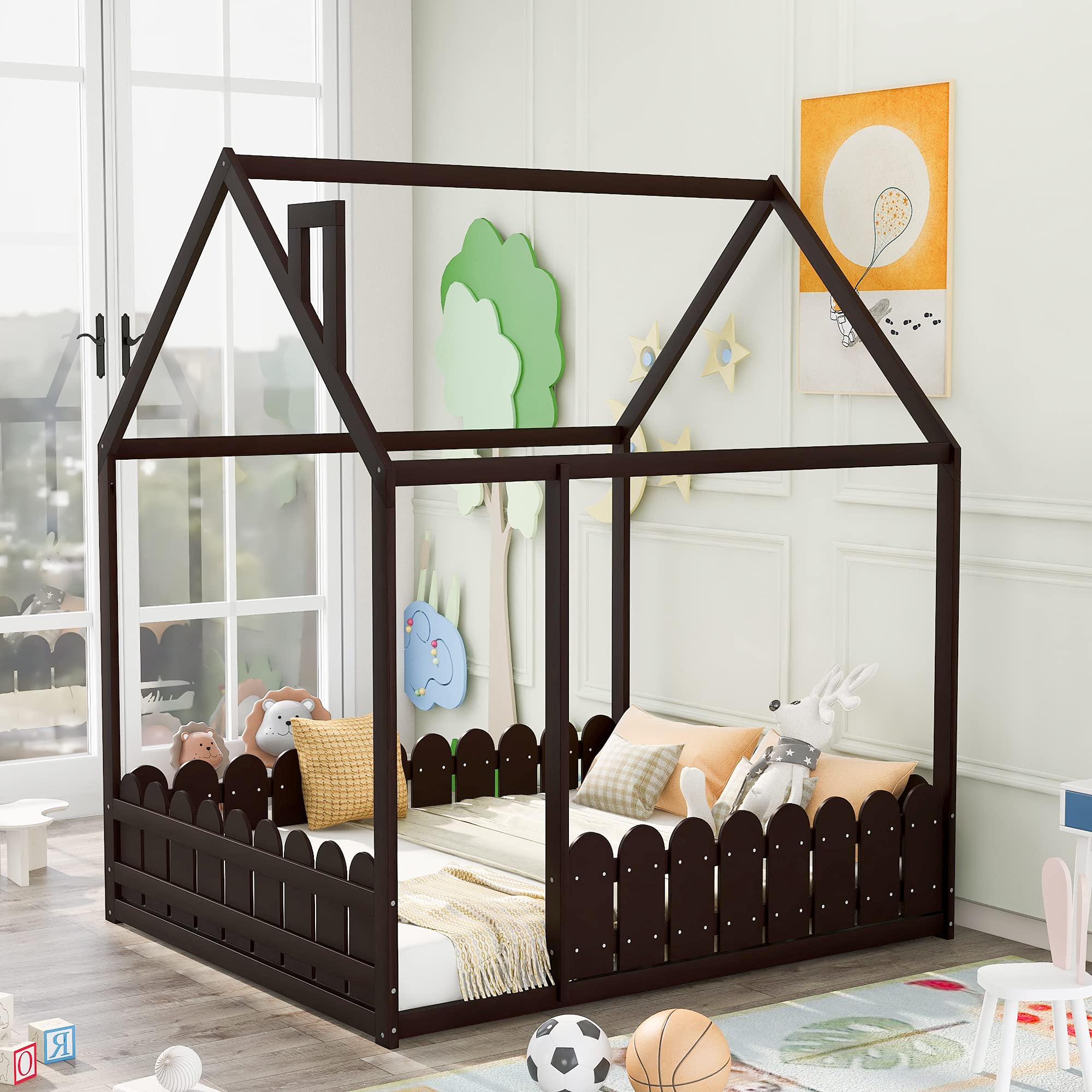 RUNNA Kids House Bed - Full Size Wooden Floor Bed Frame with Safety Fence | Espresso Cabin Bed for Toddlers & Children | Durable Nursery Furniture with Unlimited Weight Capacity | Perfect for Bedrooms, Playrooms & Montessori Spaces