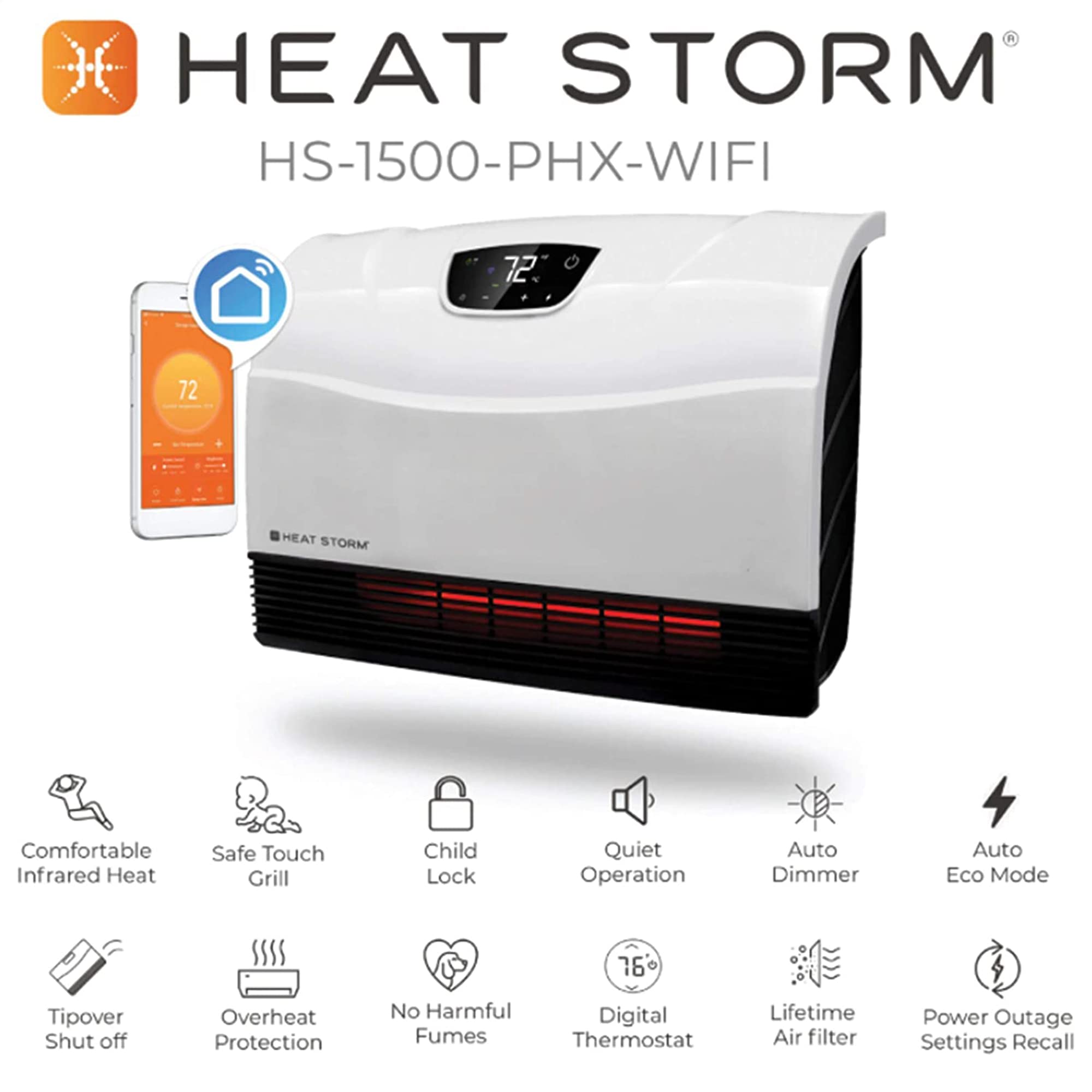 Heat Storm HS-1500-PHX-WIFI Smart Infrared Heater - WiFi Enabled, Wall Mounted Space Heater for Indoor Use - Perfect for Living Rooms, Bedrooms & Offices