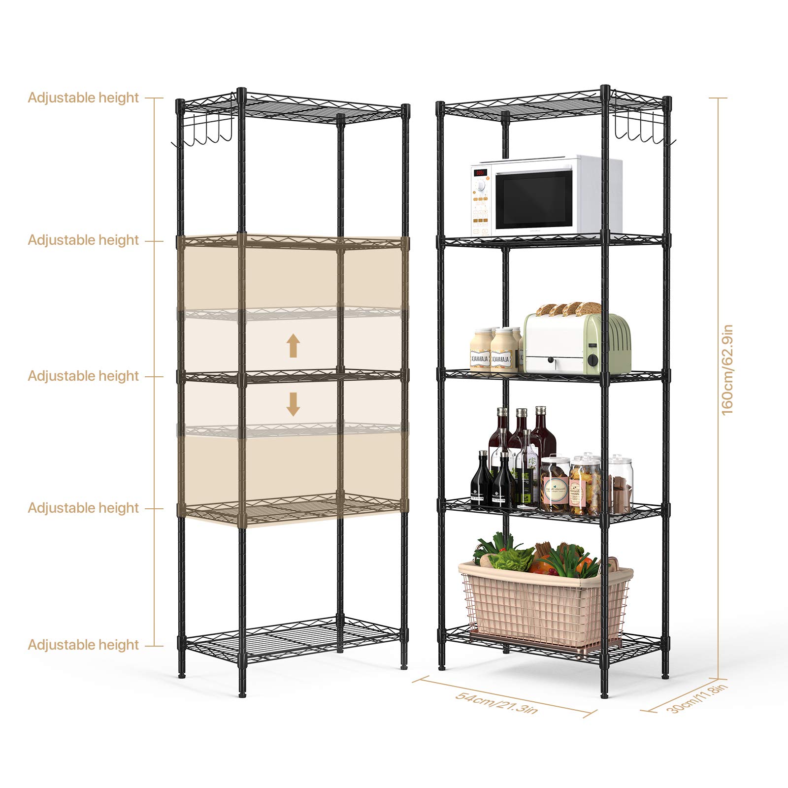 5-Tier Adjustable Wire Storage Shelf - Heavy Duty Metal Organizer Rack for Kitchen, Garage, Pantry & Closet - Black (21.3