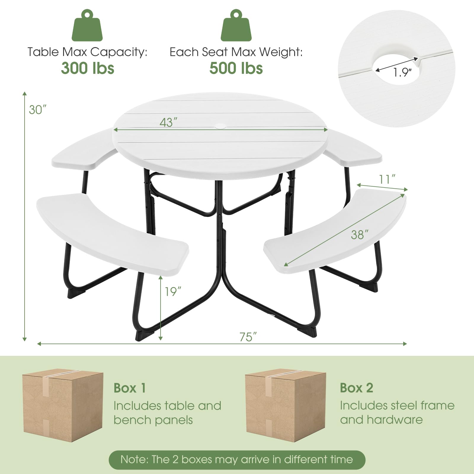 Giantex 8-Person Round Outdoor Picnic Table Set with Umbrella Hole - HDPE Top & Sturdy Metal Frame, 2000LBS Capacity - Perfect for Backyard, Deck, Garden, Patio, and Outdoor Dining (White)