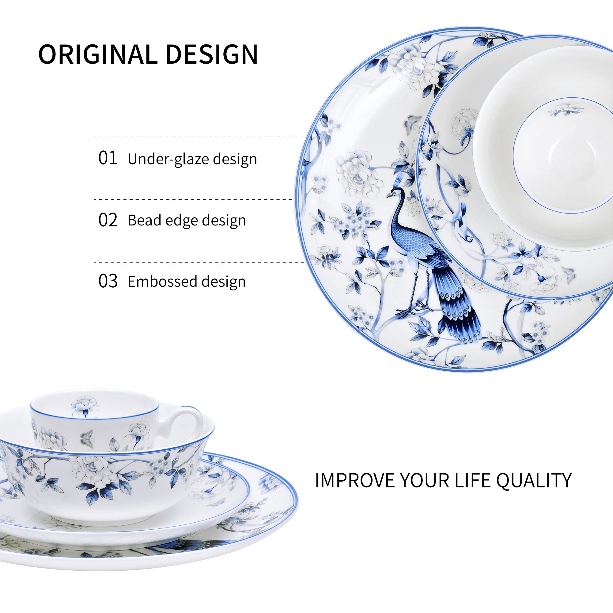 16-Piece Premium Bone China Dinnerware Set for 4 - Blue and White Porcelain Plates, Bowls & Coffee Cups - Elegant Tableware for Dining, Entertaining & Daily Use - Jingdezhen Porcelain Collection
