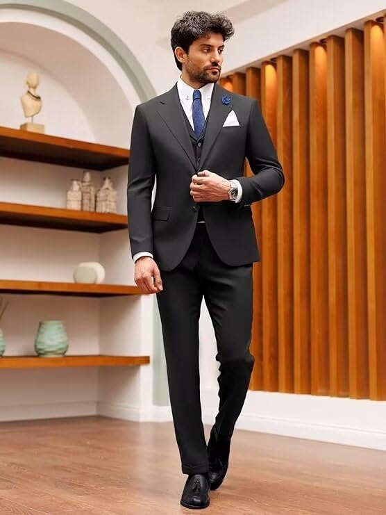 3 Piece Men's Formal Suit - Notch Lapel Tuxedo Set in Solid Colors for Wedding, Prom, Groomsmen & Business Events | Slim Fit Suit Jacket with Vest & Pants