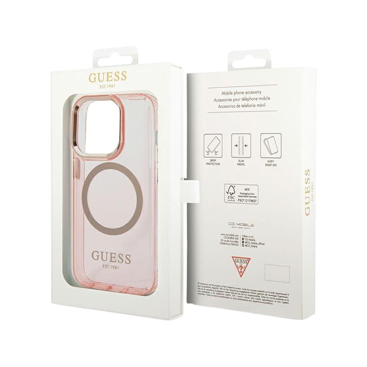 GUESS Ring Edition Translucent Black Case for iPhone 14 Pro Max - Slim Protective Phone Cover with Grip Ring Stand for Hands-Free Viewing & Selfies