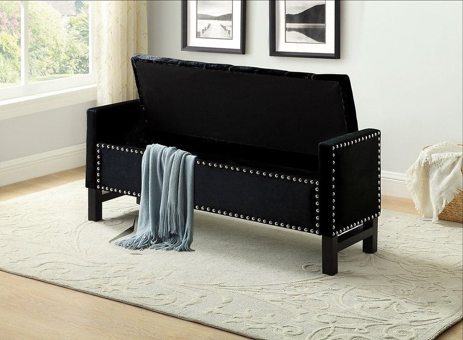 Black Velvet Storage Bench with Nailhead Trim - Stylish Entryway Seating & Shoe Organizer for Home Décor