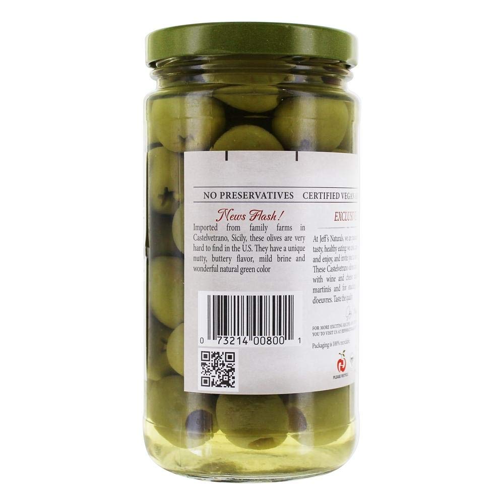 Jeffs Naturals Castelvetrano Green Pitted Olives, 5.5 oz - Perfect for Salads, Charcuterie Boards & Mediterranean Recipes