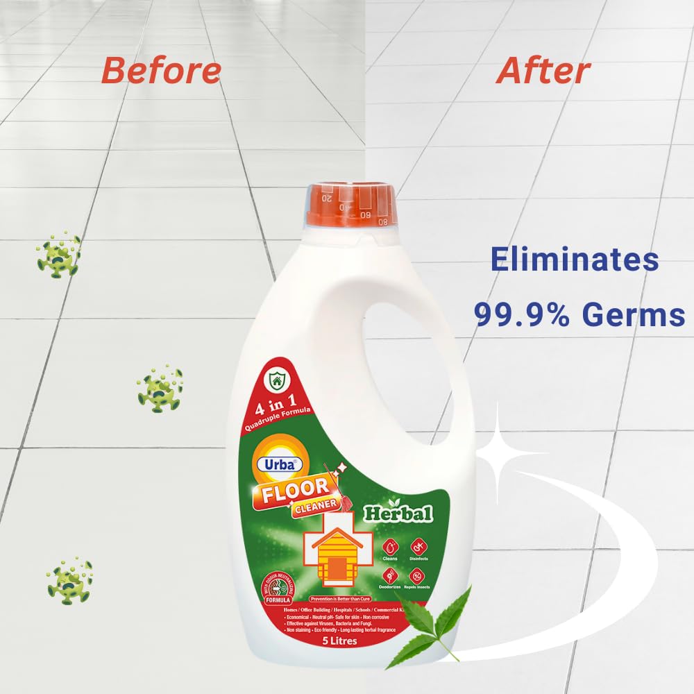Urba Herbal Floor Cleaner 5L - Eco-Friendly Neem Power Disinfectant | Super Saving Value Pack | Money Saver for Hardwood, Tile & Vinyl Floors | Ideal for Homes, Offices & Commercial Spaces