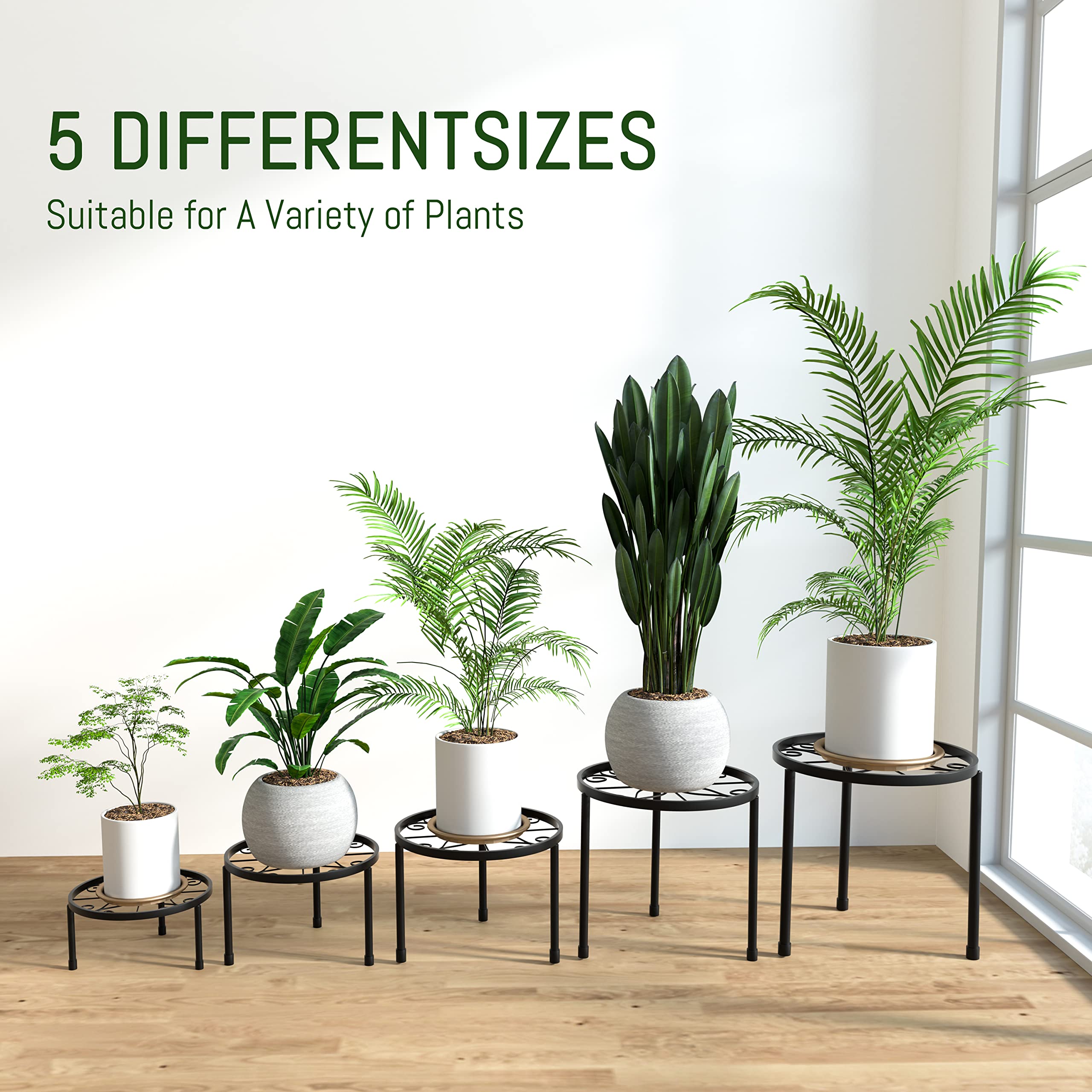 5-Pack Heavy Duty Metal Plant Stands - Rust-Resistant Iron Flower Pot Shelf for Indoor & Outdoor Plants - Perfect for Home, Garden, and Patio Decor (Black)