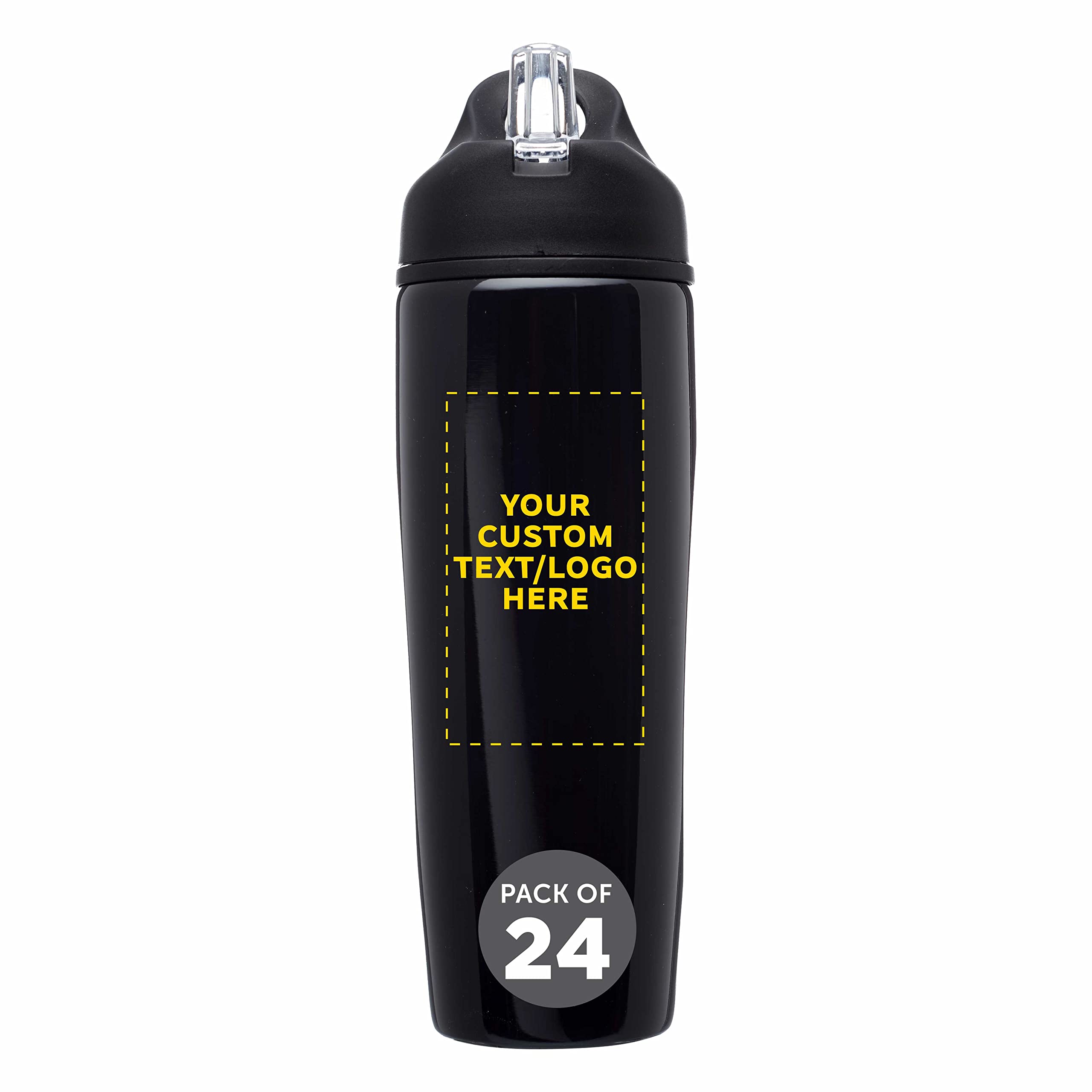 Custom Stainless Steel Water Bottle 24 Pack - Personalized Text & Logo - 28.5oz Metal Sports Bottles with Flip Top Lid - Easy Carry Handle - Black - Perfect for Team Sports, Gym, Outdoor Activities & Corporate Gifts