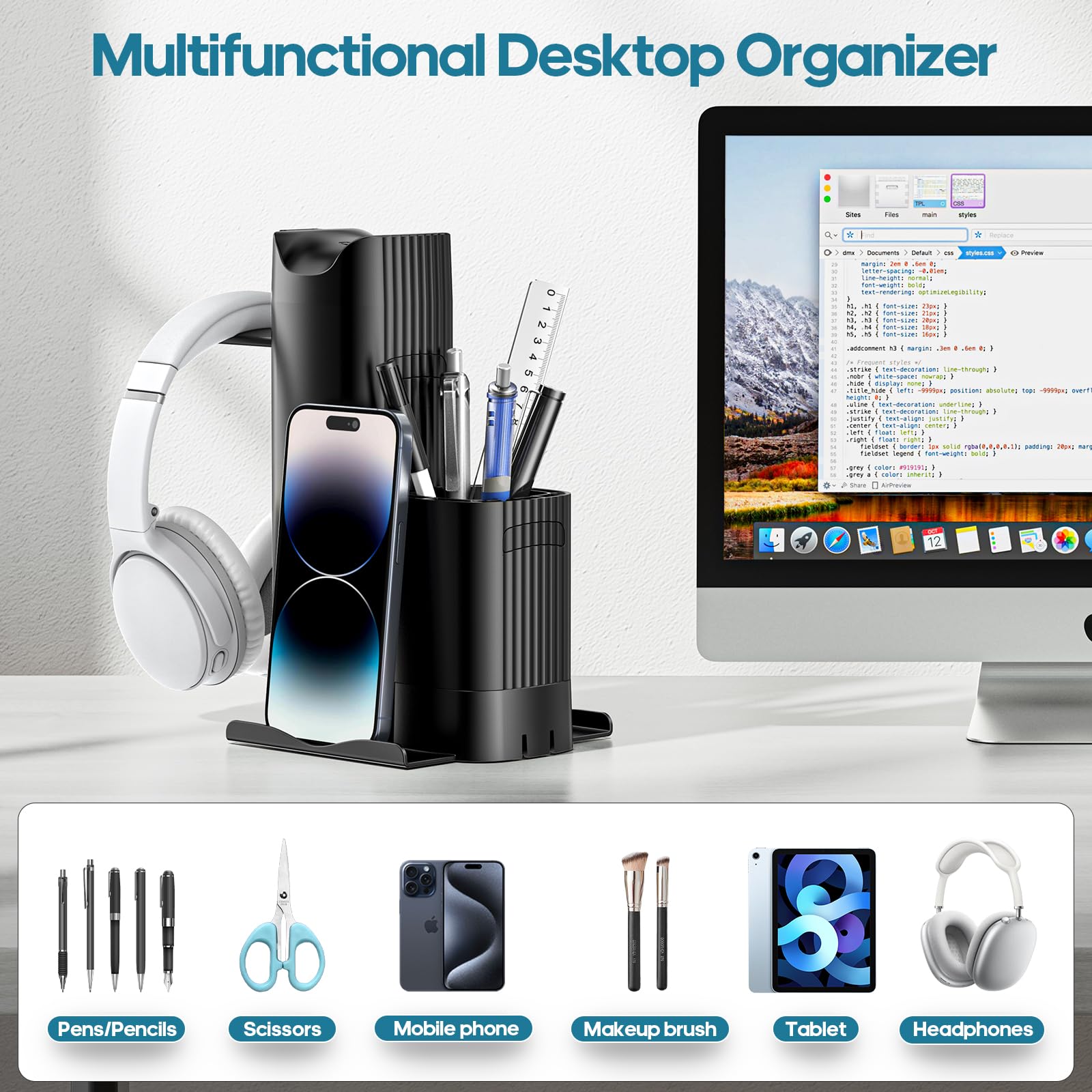 KDD 3-in-1 Headphone Stand with Desk Organizer - Adjustable Headphone Hanger, Phone Stand & Pencil Holder - Removable DIY Pen Organizer - Perfect for Gaming Setup, Home Office & School Workspace Accessories